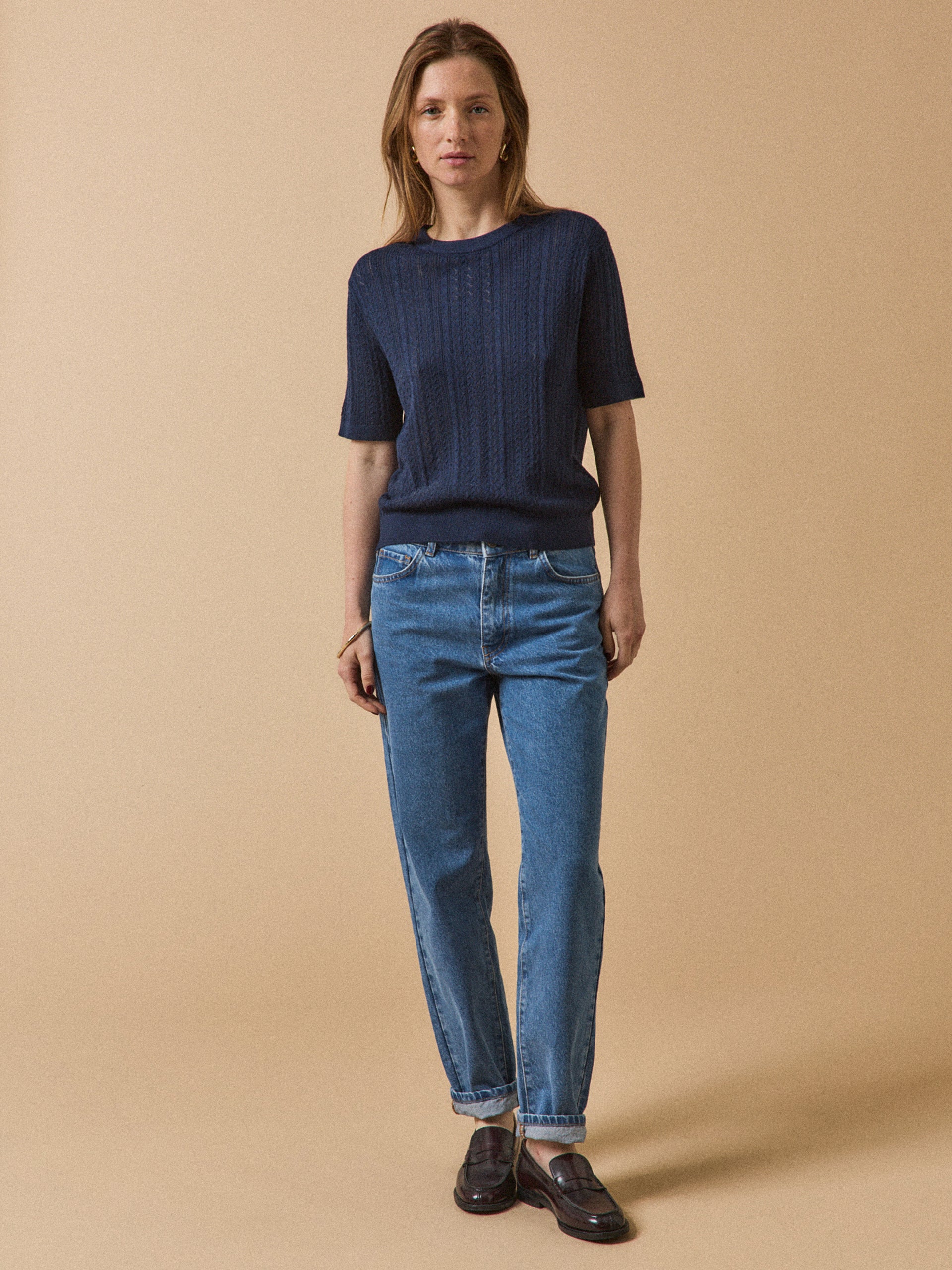 Pull ajouré manches courtes femme