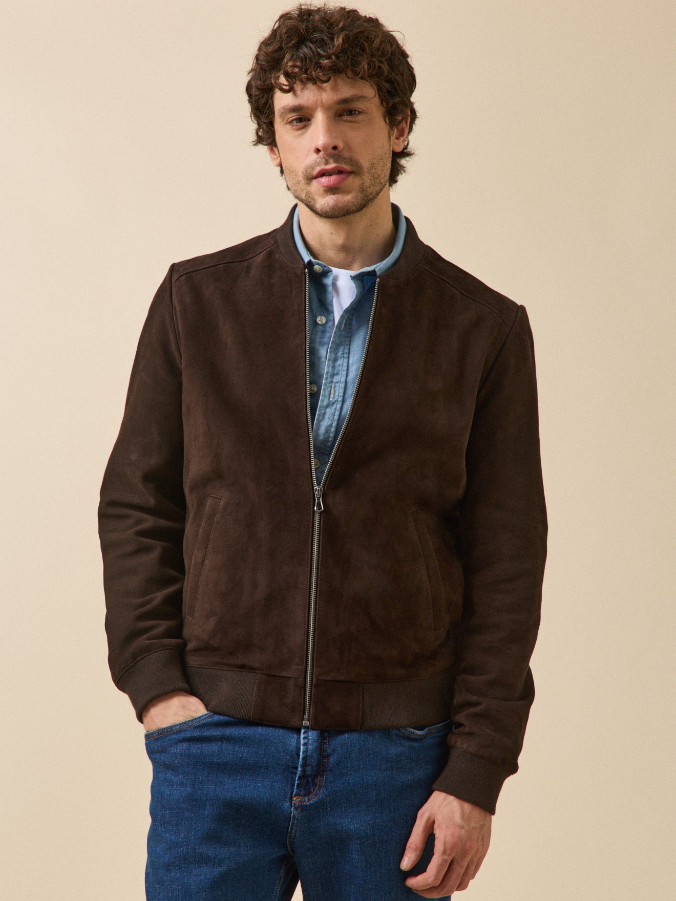 Blouson zippé cuir velours homme
