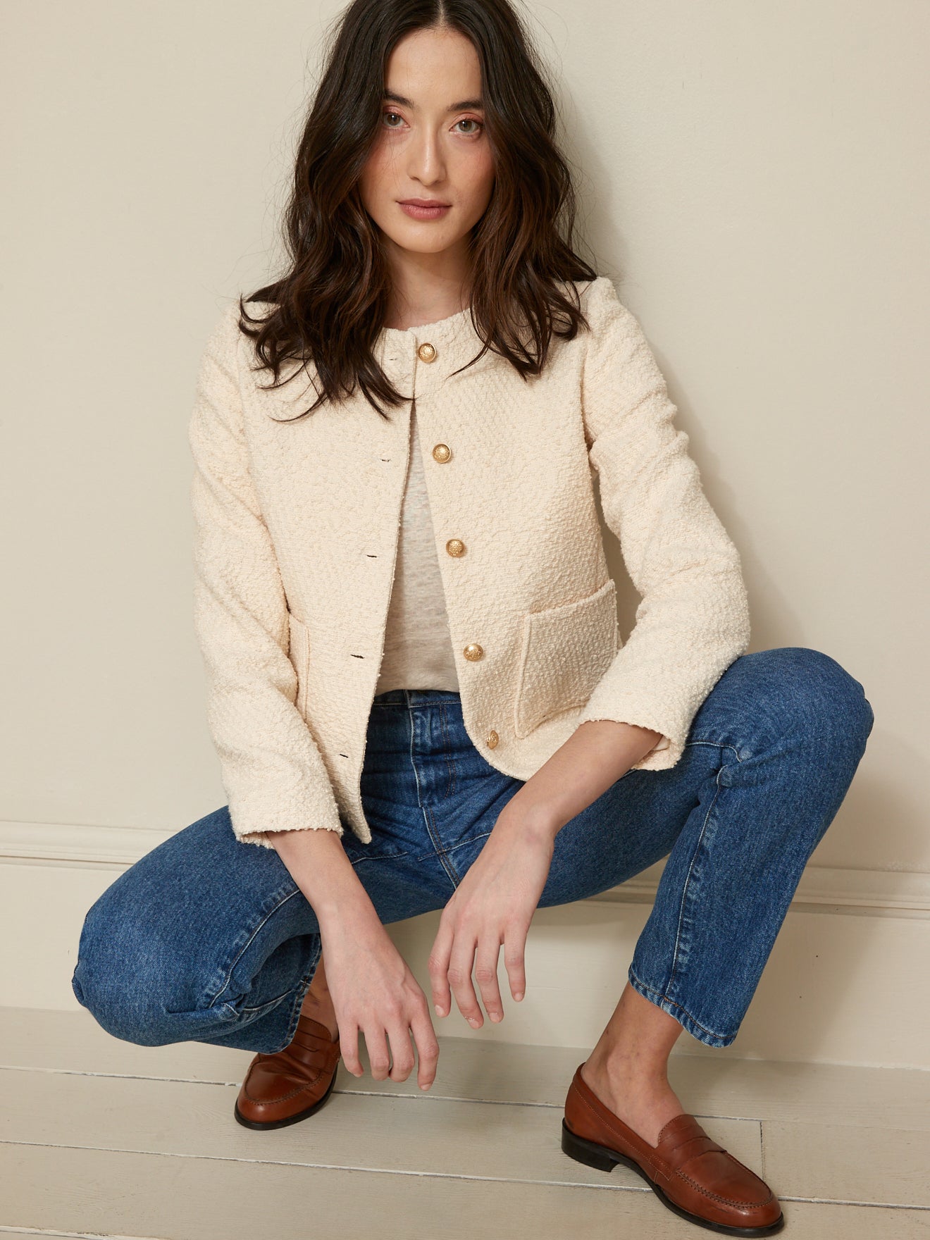Veste sans col tweed femme