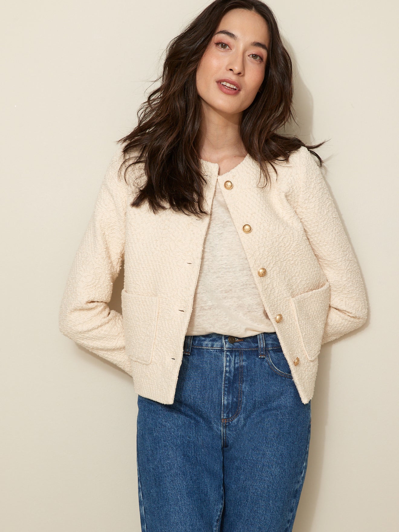 Veste sans col tweed femme