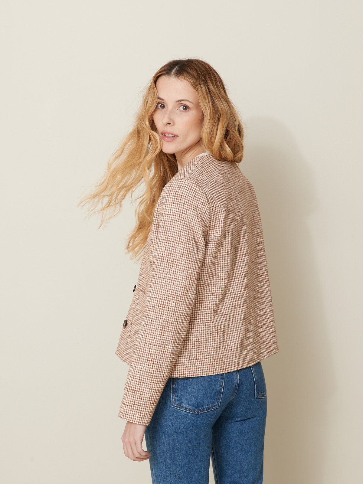Veste sans col tissu vichy femme