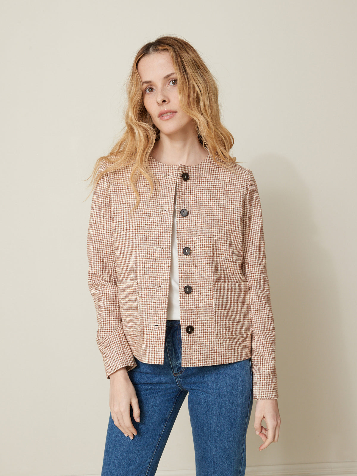Veste sans col tissu vichy femme