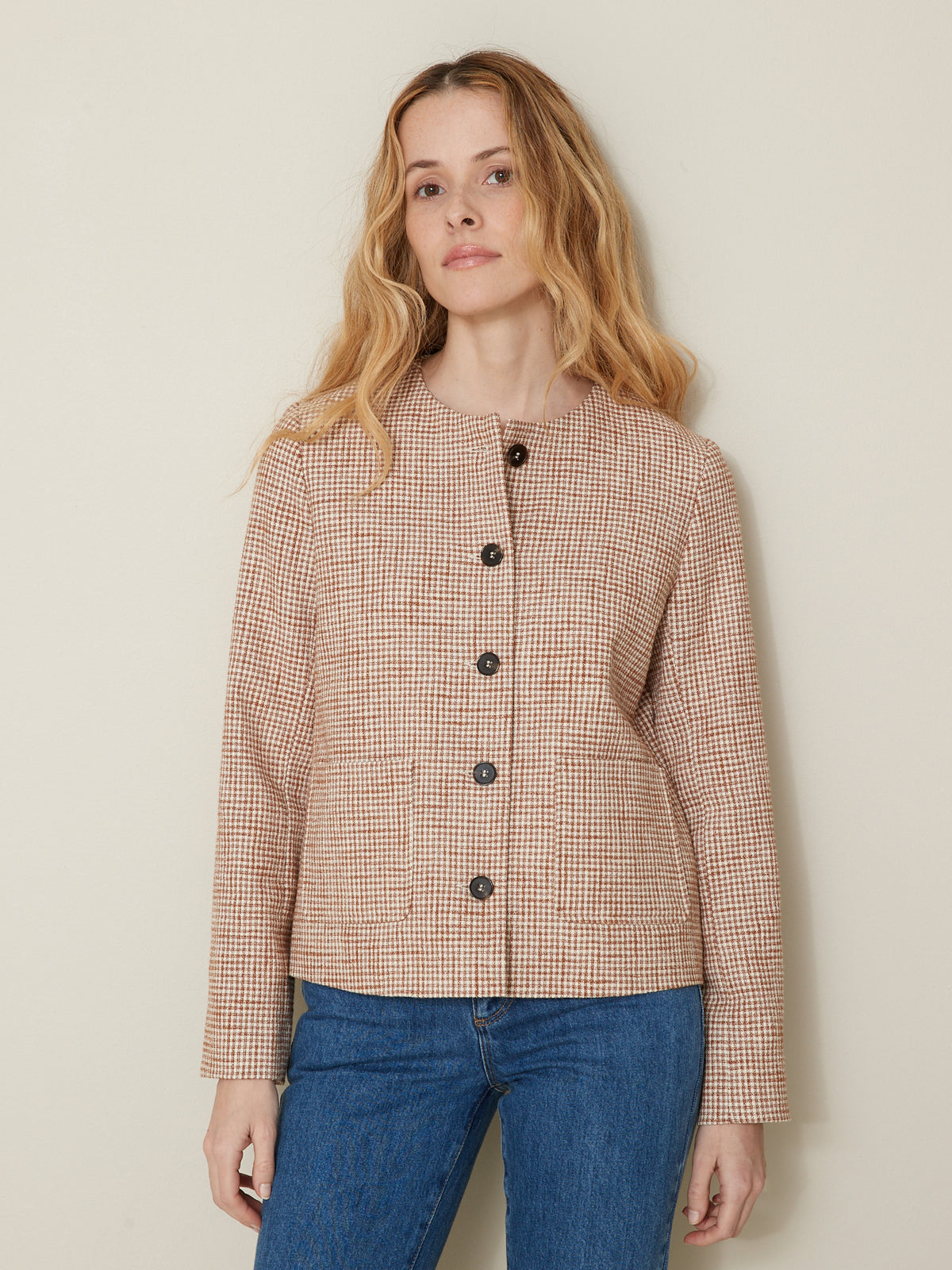 Veste sans col tissu vichy femme