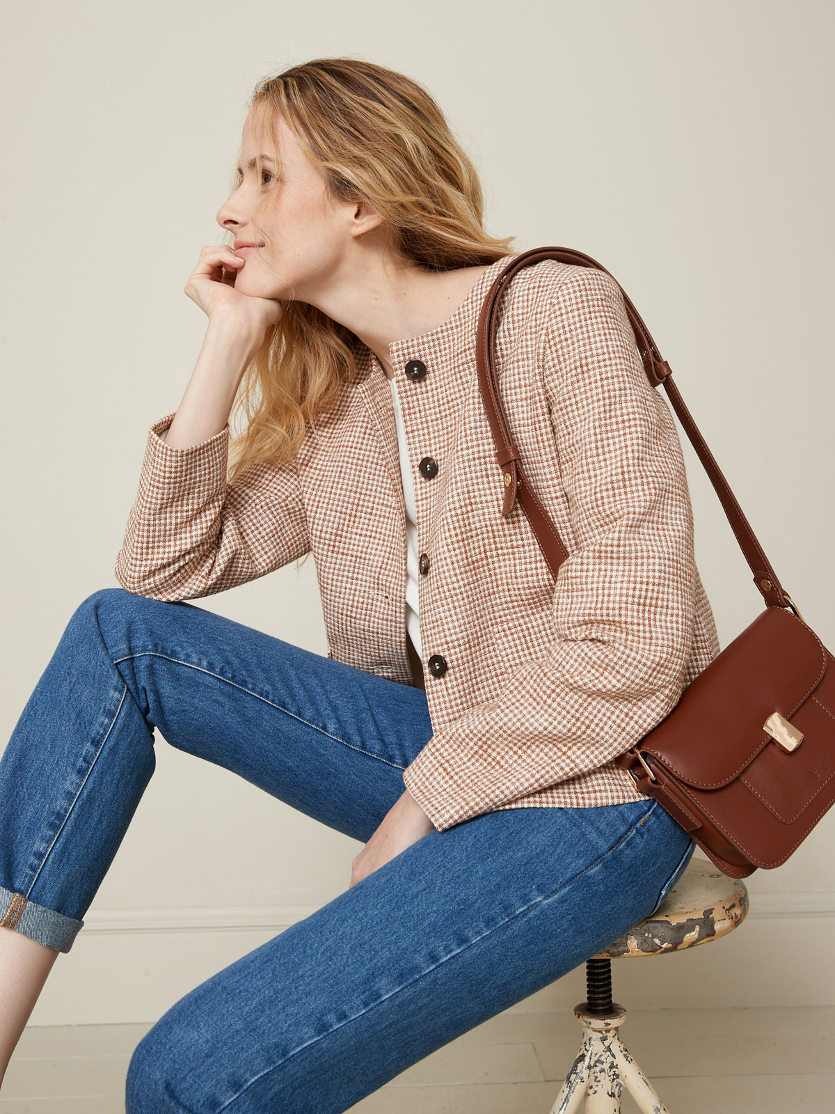 Veste sans col tissu vichy femme