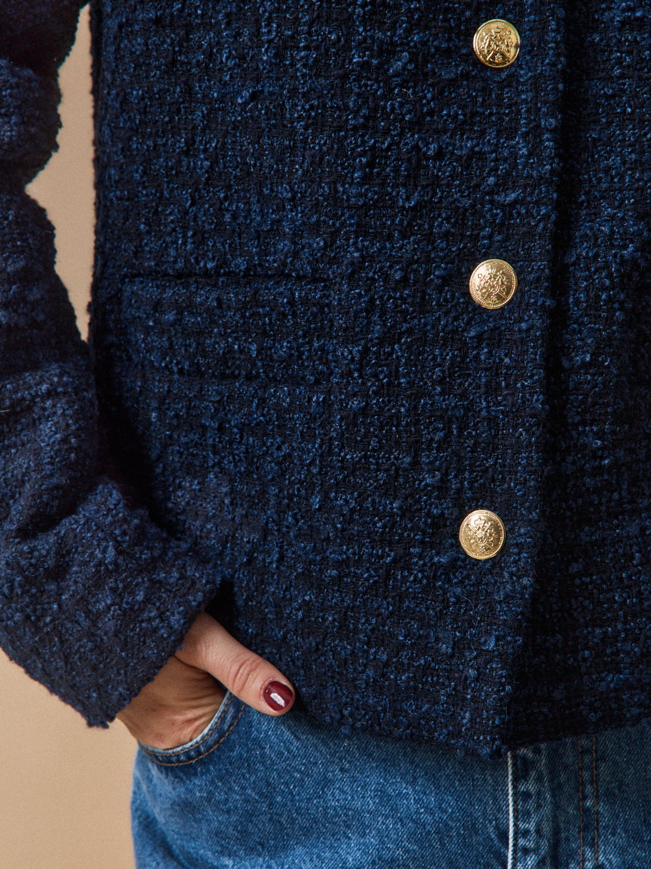 Veste sans col tweed uni femme
