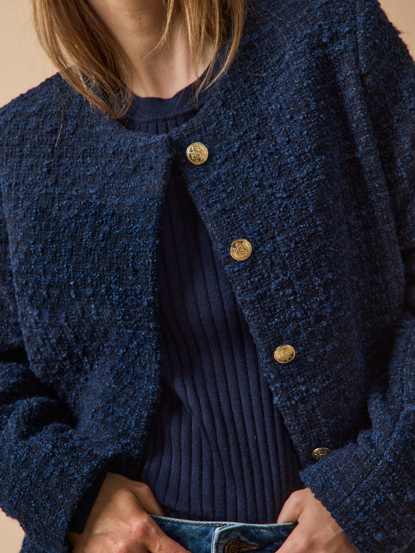 Veste sans col tweed uni femme