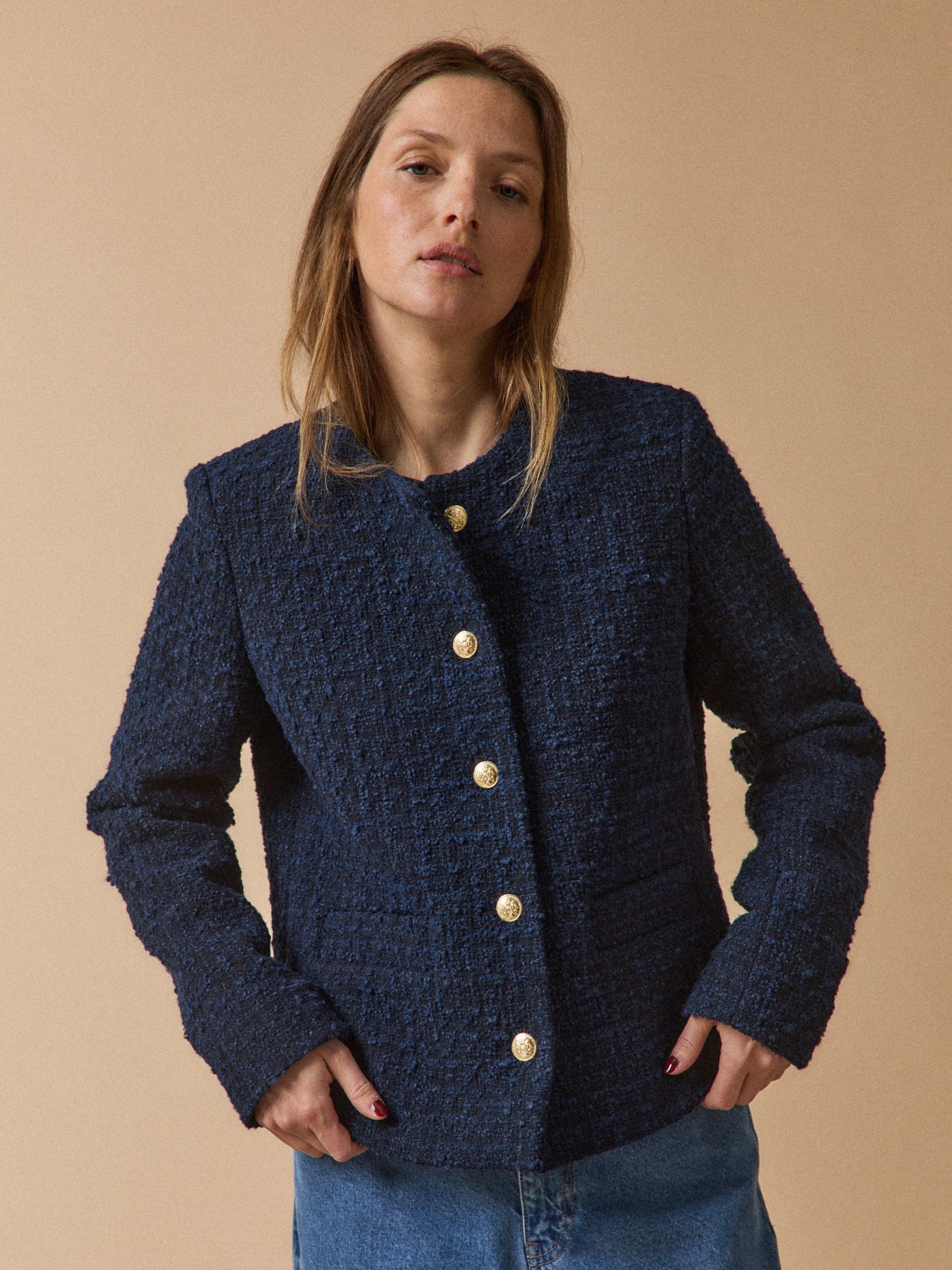 Veste sans col tweed uni femme