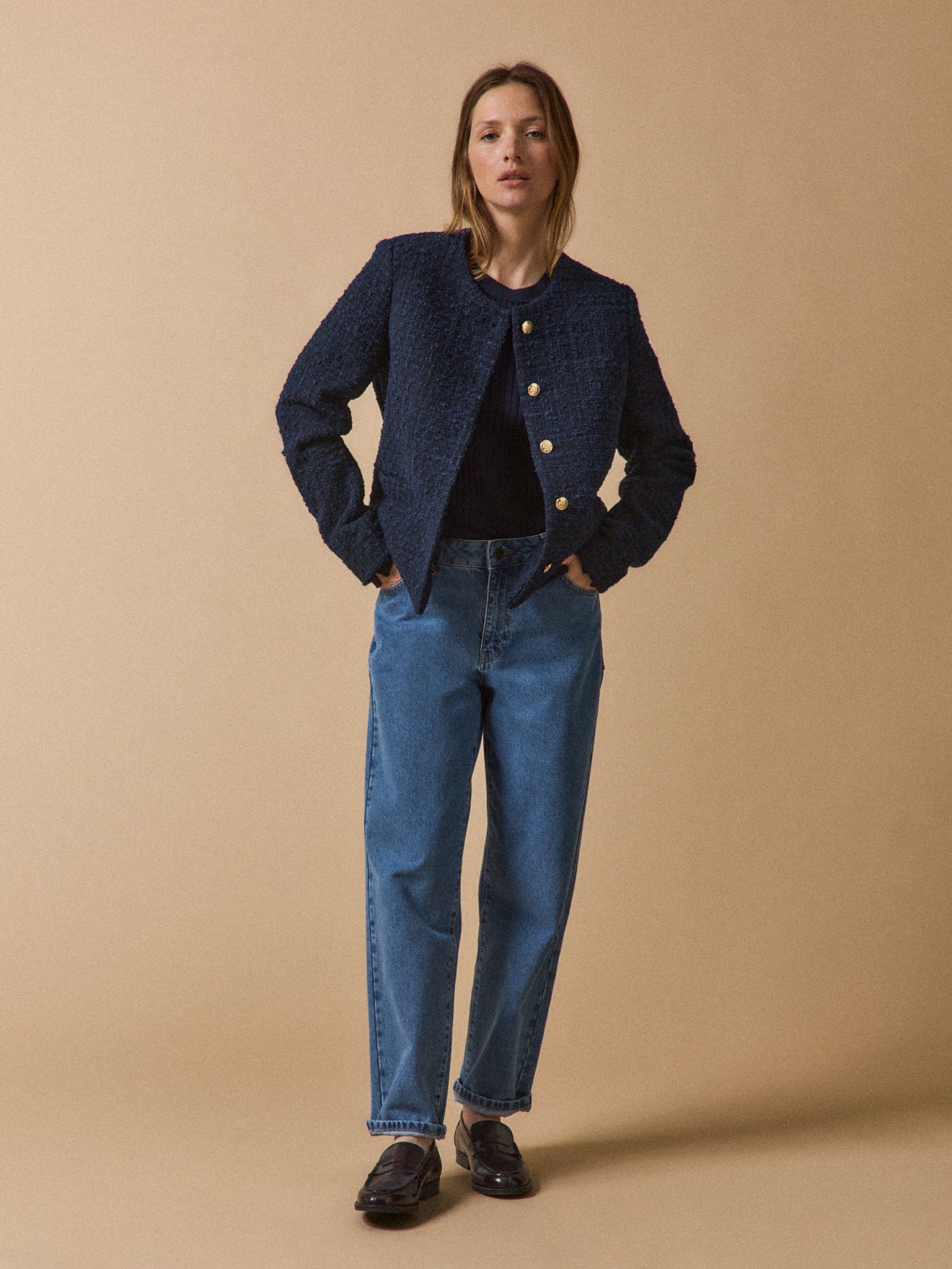 Veste sans col tweed uni femme