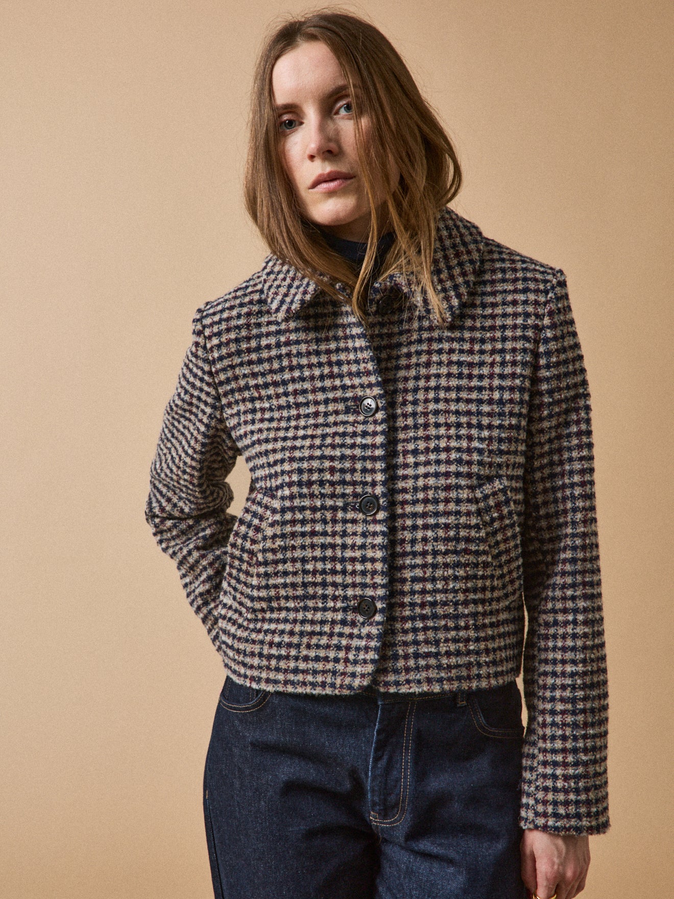 Veste boutonnée tweed carreaux femme
