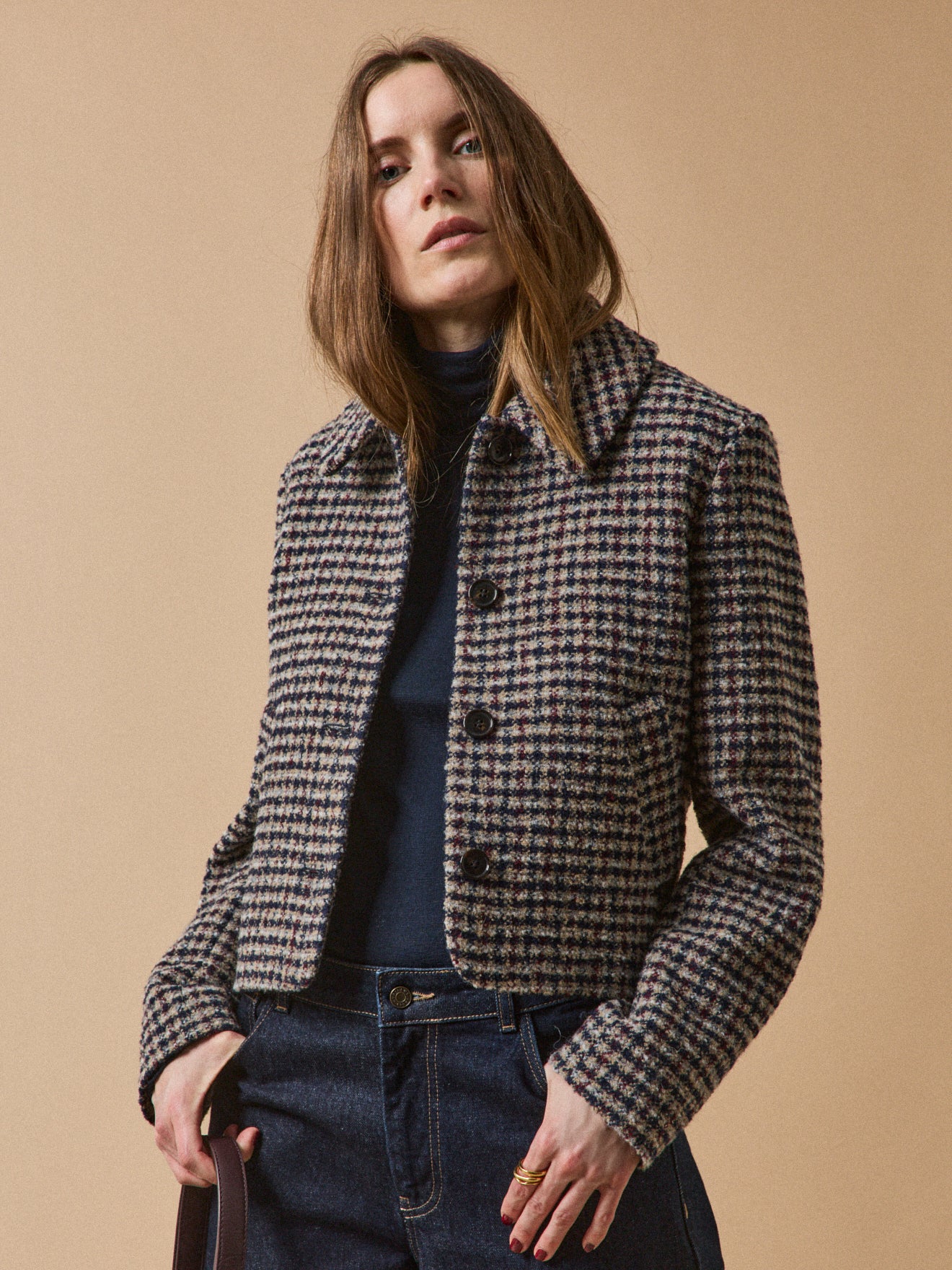 Veste boutonnée tweed carreaux femme