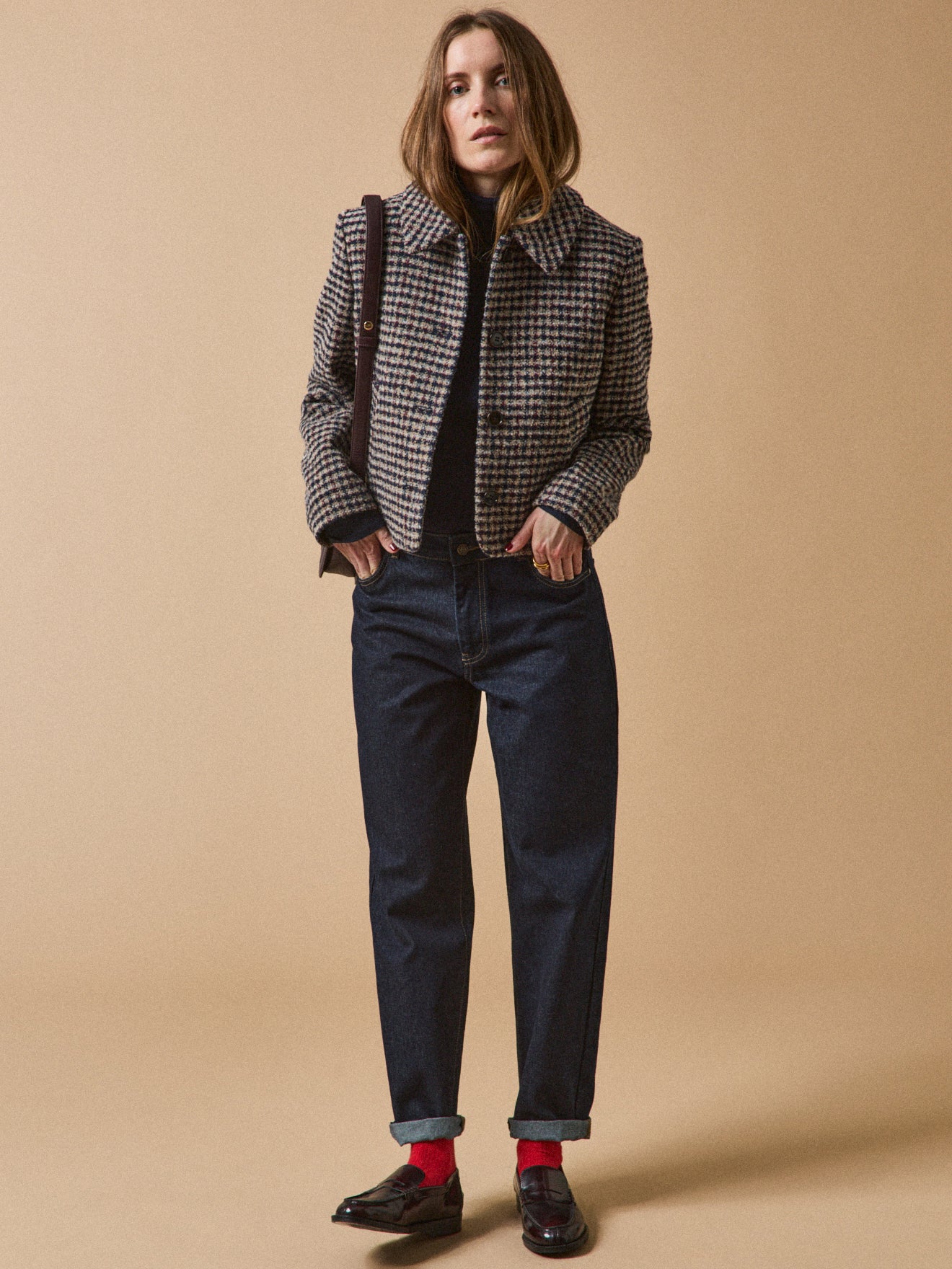 Veste boutonnée tweed carreaux femme