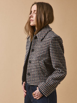 Veste boutonnée tweed carreaux femme