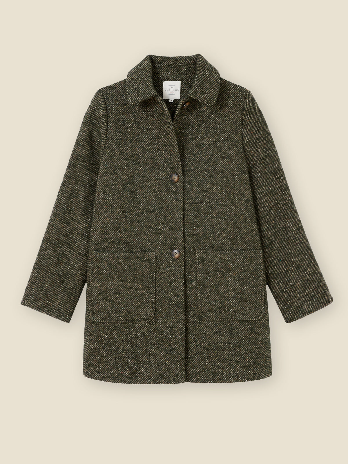 Korte damesmantel in gespikkelde twill