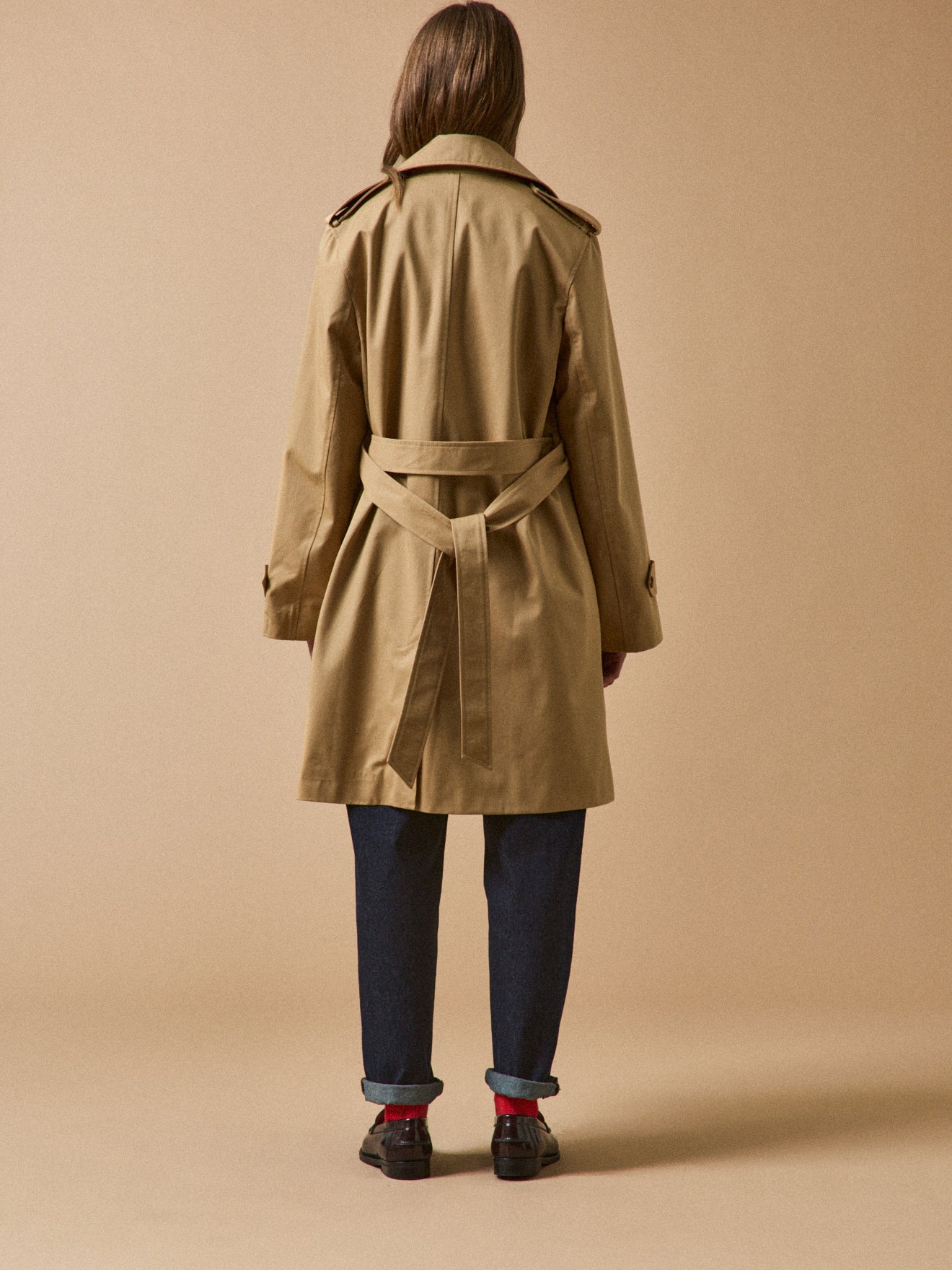 Lange damestrenchcoat met tailleurkraag - biokatoen