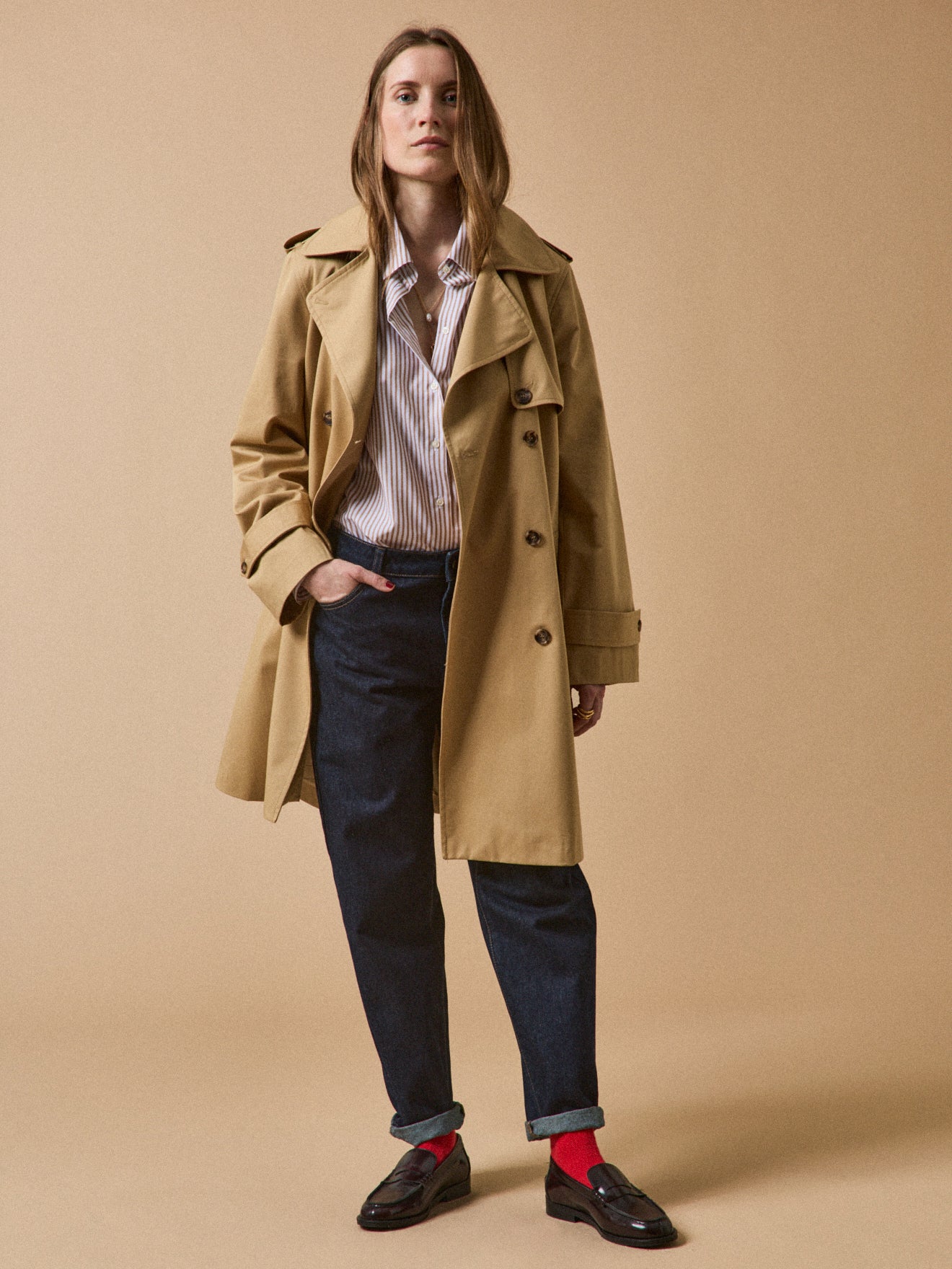Lange damestrenchcoat met tailleurkraag - biokatoen