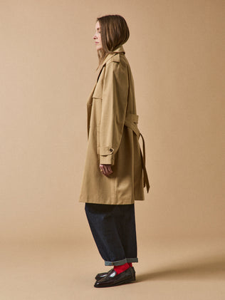 Lange damestrenchcoat met tailleurkraag - biokatoen