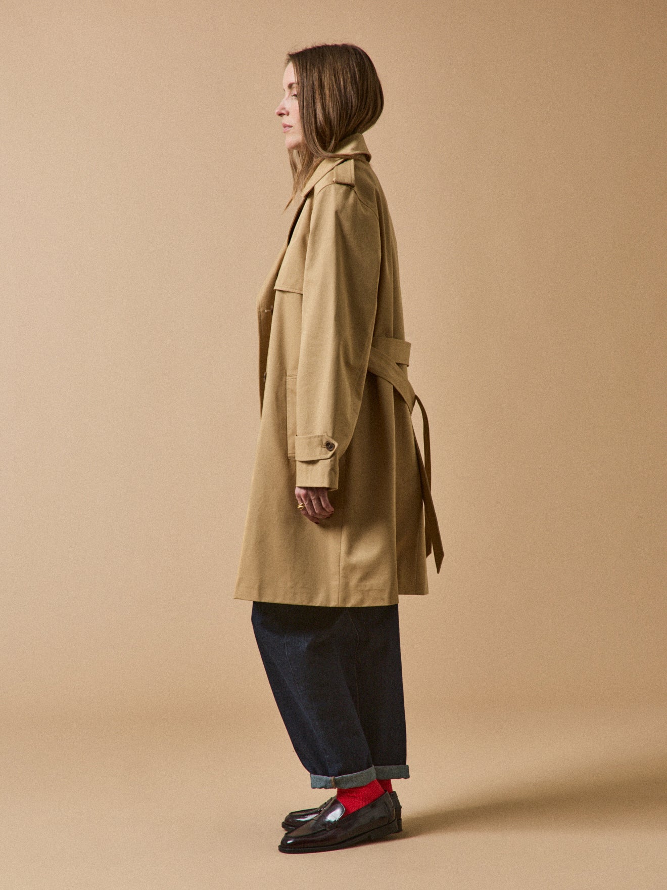 Lange damestrenchcoat met tailleurkraag - biokatoen