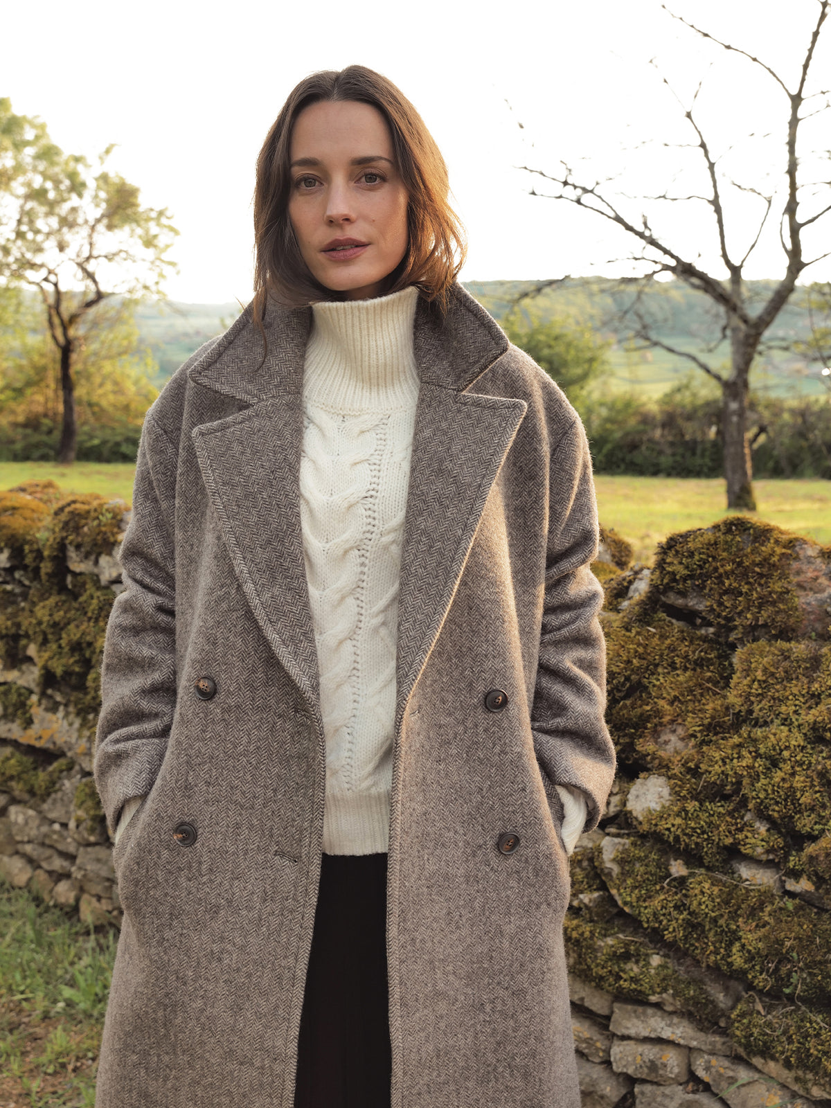 Manteau long lainage chevrons femme