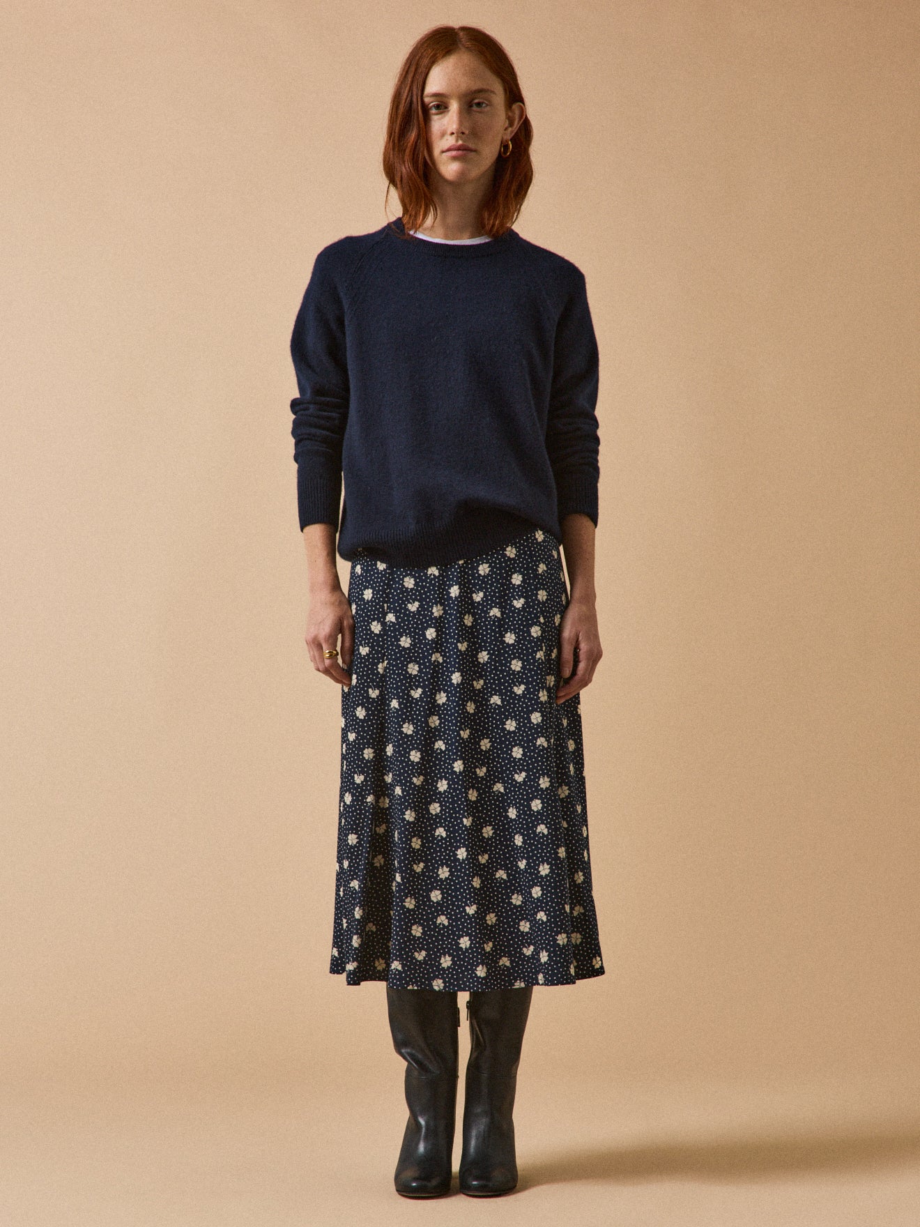 Jupe mi-longue femme viscose dobby imprimé Trèfles