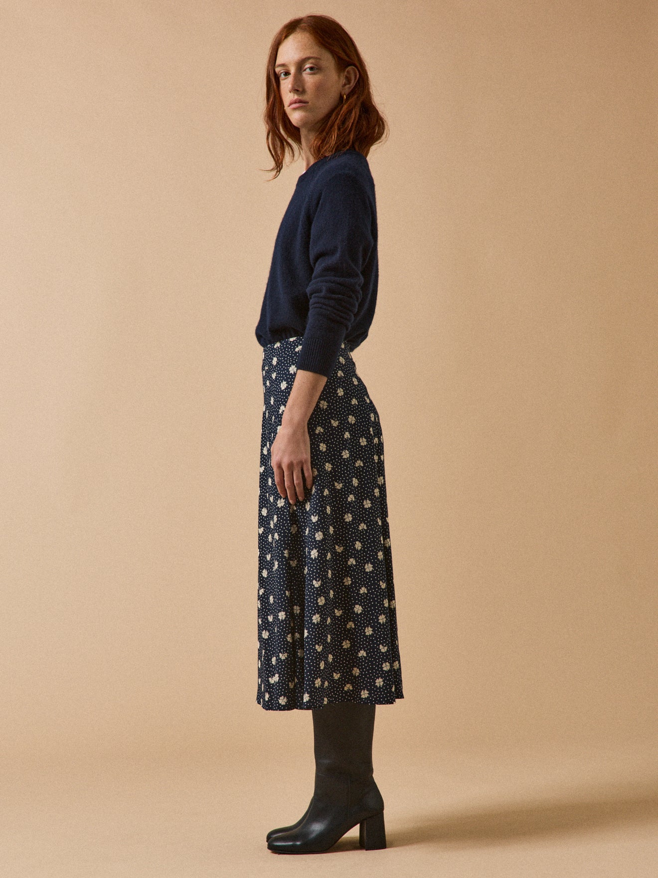 Jupe mi-longue femme viscose dobby imprimé Trèfles