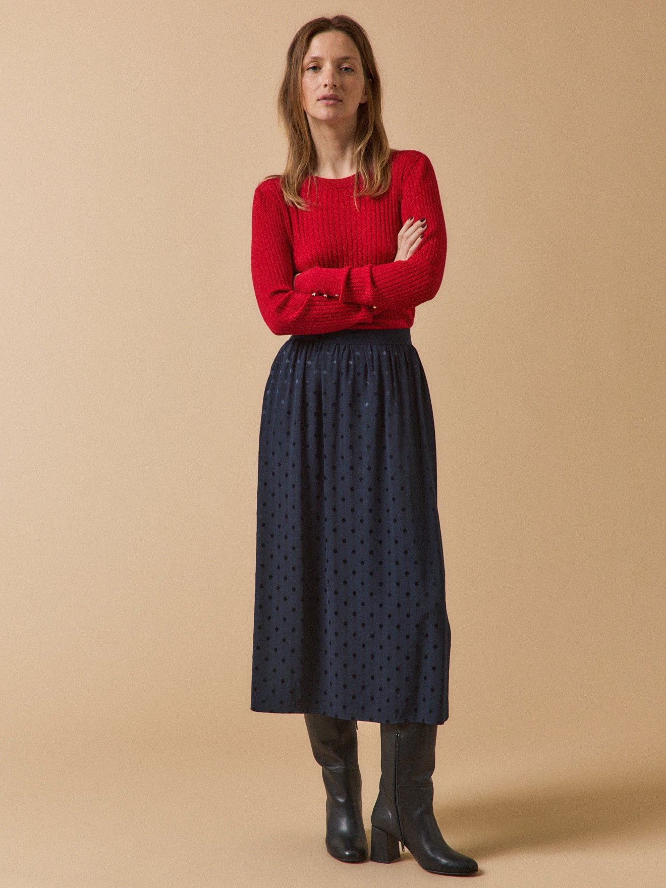 Halflange damesrok met jacquard stippen