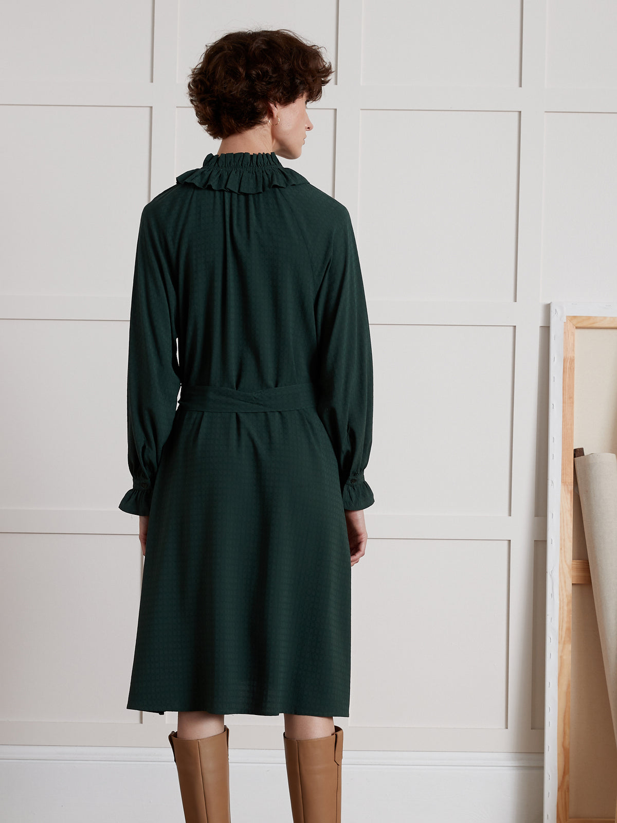 Robe mi-longue col volanté femme viscose dobby
