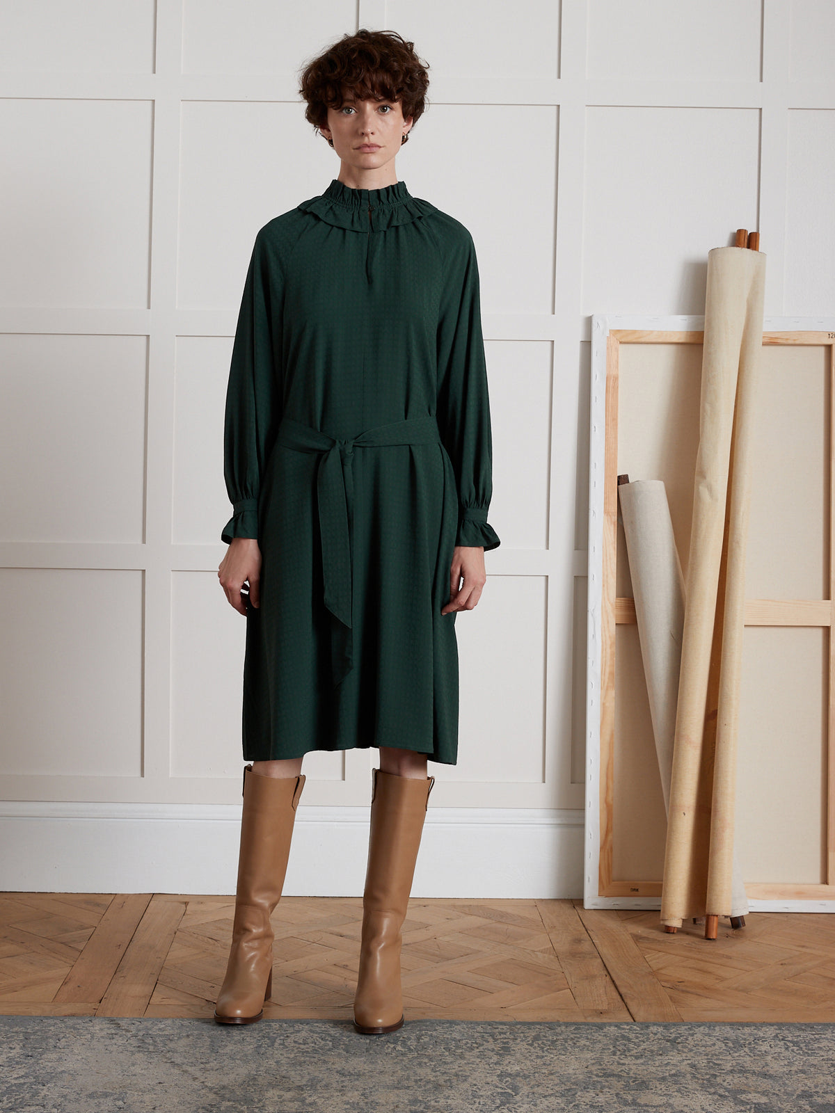 Robe mi-longue col volanté femme viscose dobby