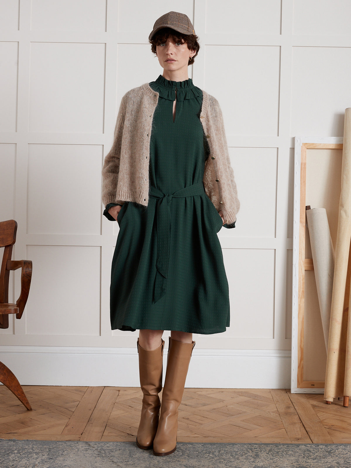 Robe mi-longue col volanté femme viscose dobby