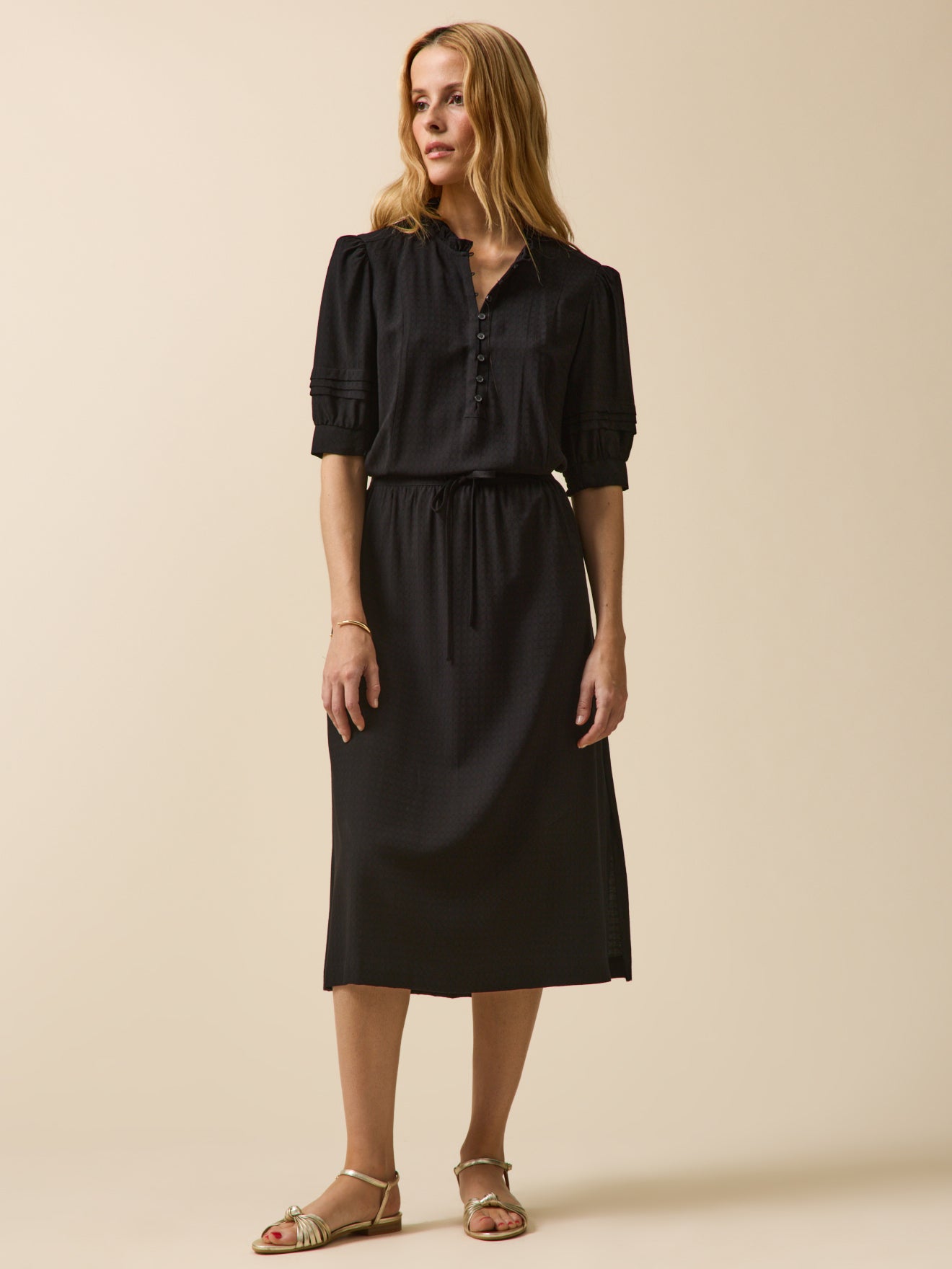 Robe longue unie col volanté viscose dobby femme