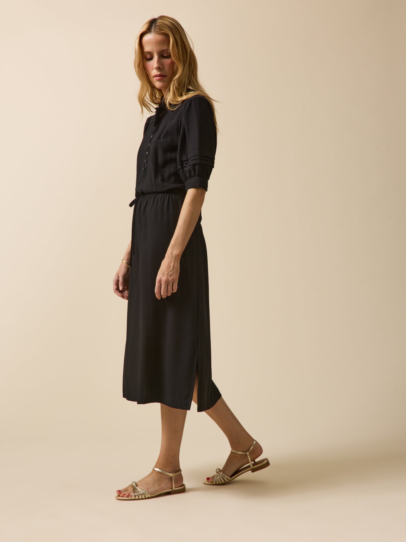 Robe longue unie col volanté viscose dobby femme