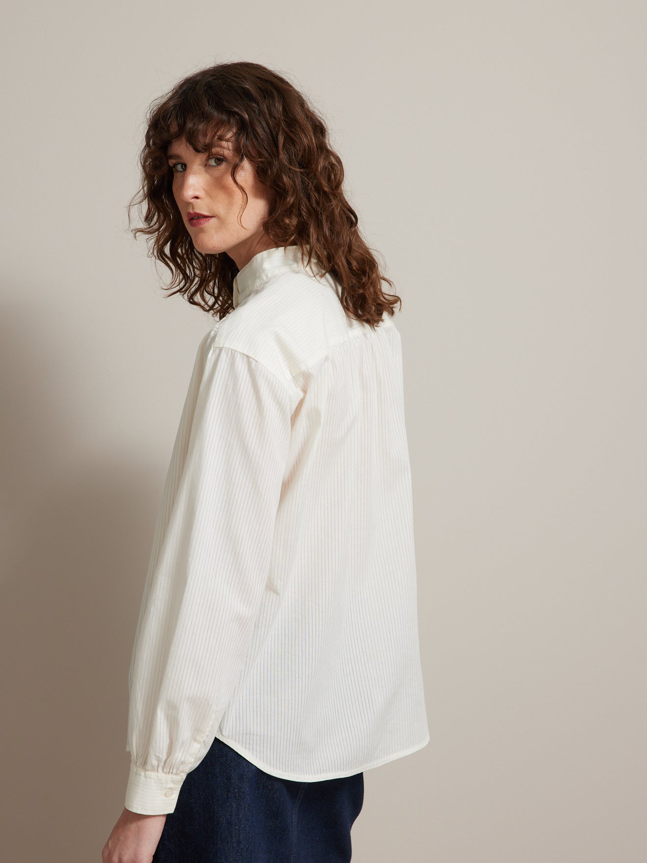 Chemise col montant femme coton dobby