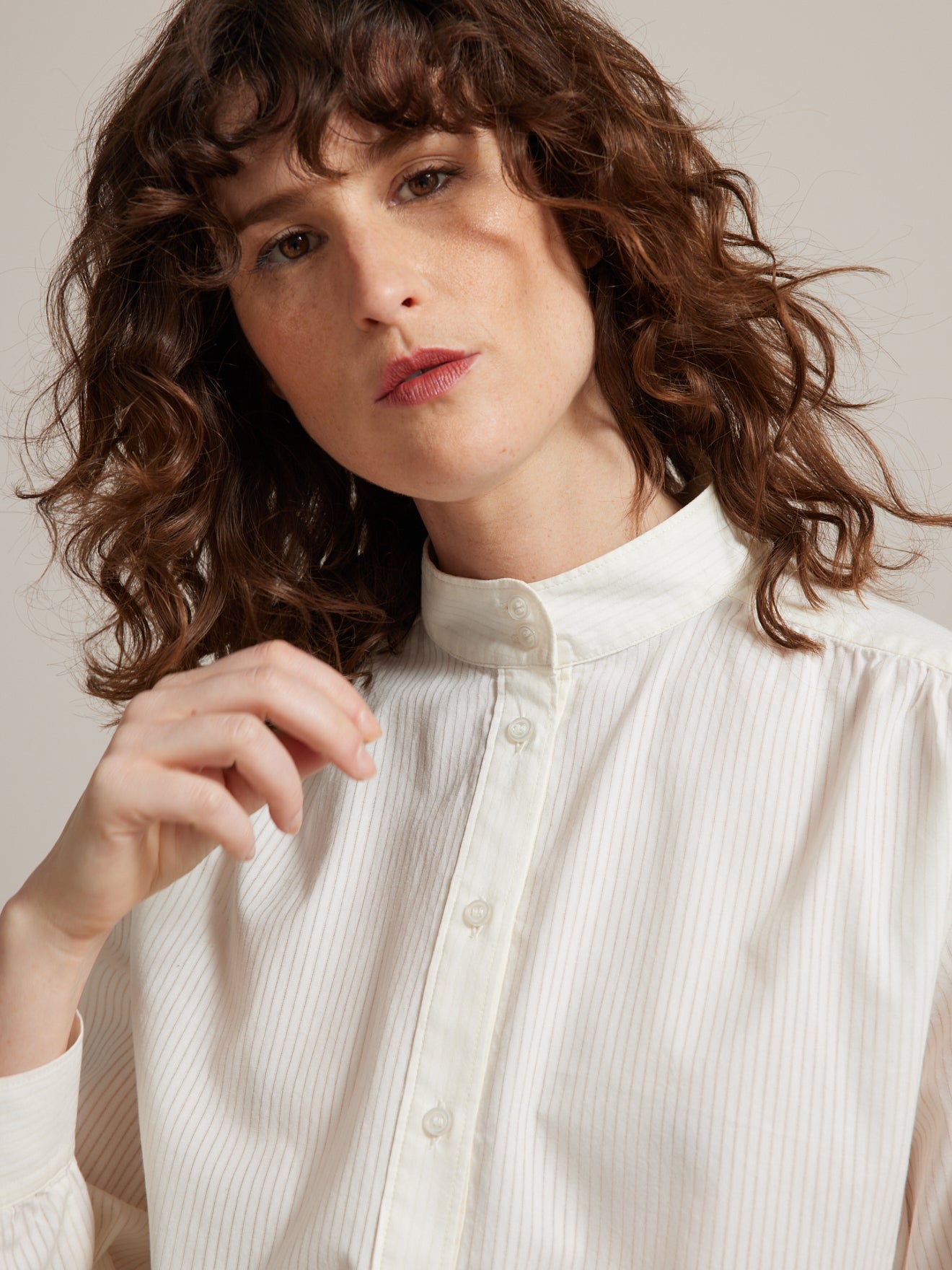 Chemise col montant femme coton dobby
