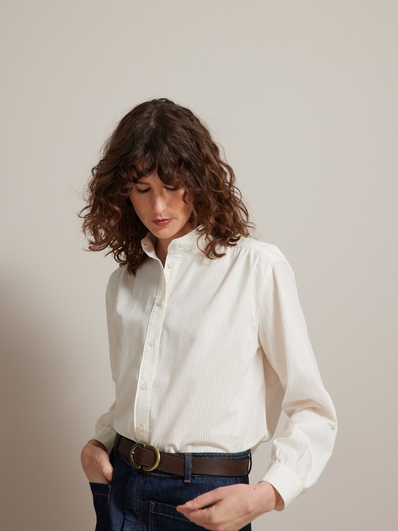 Chemise col montant femme coton dobby