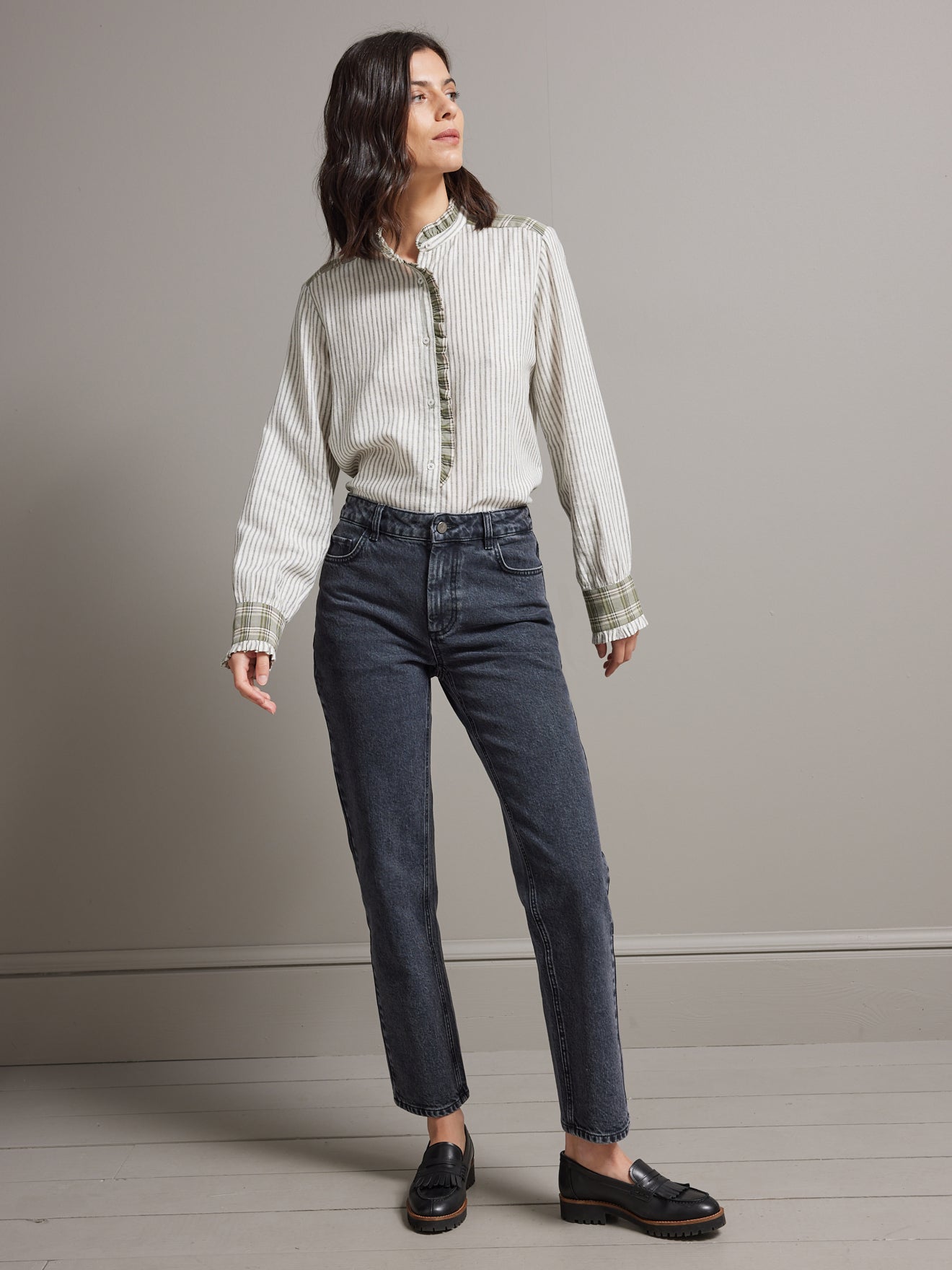 Chemise col froufrou femme rayures et carreaux