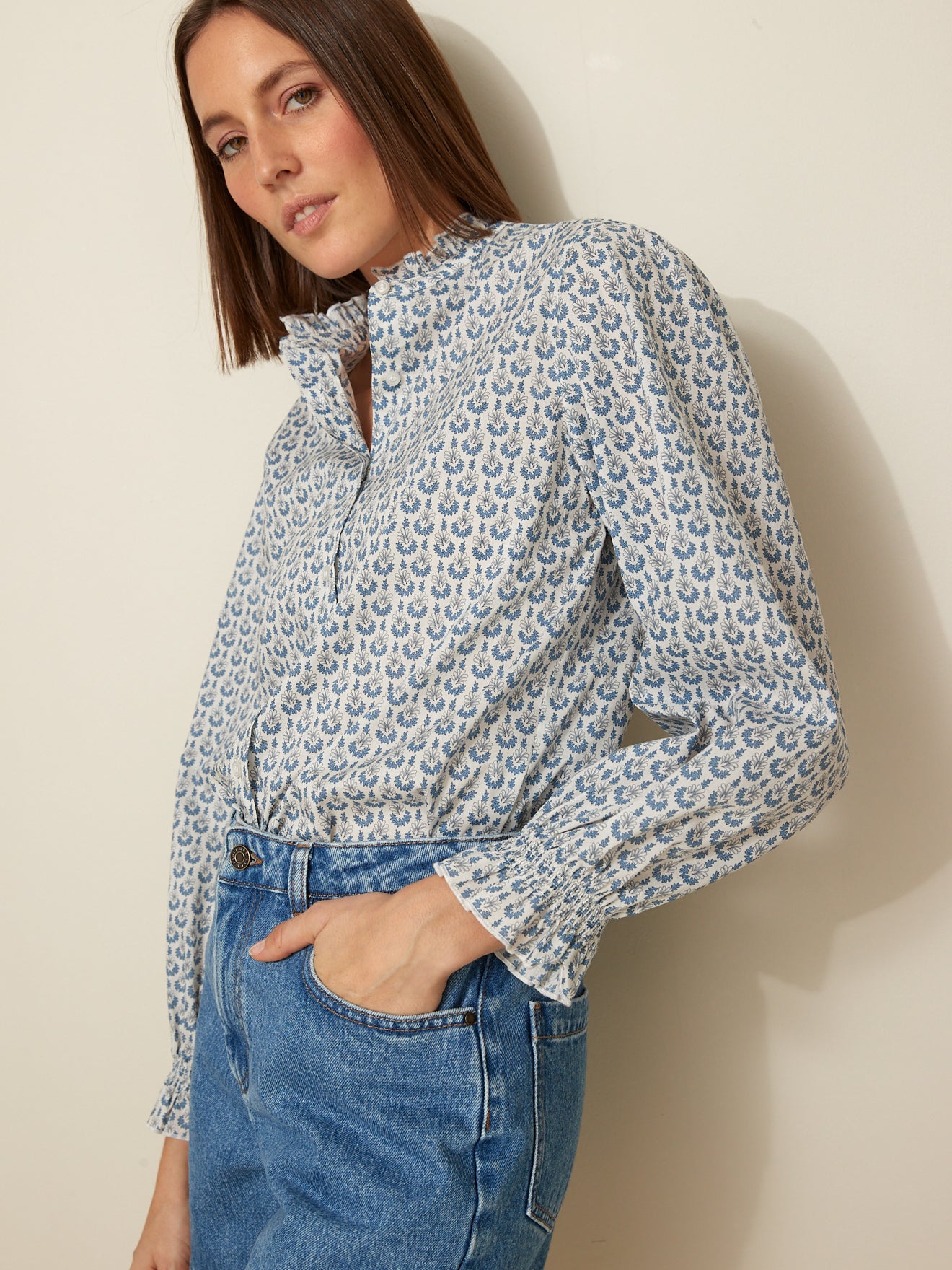 Chemise col volanté femme imprimé Swann