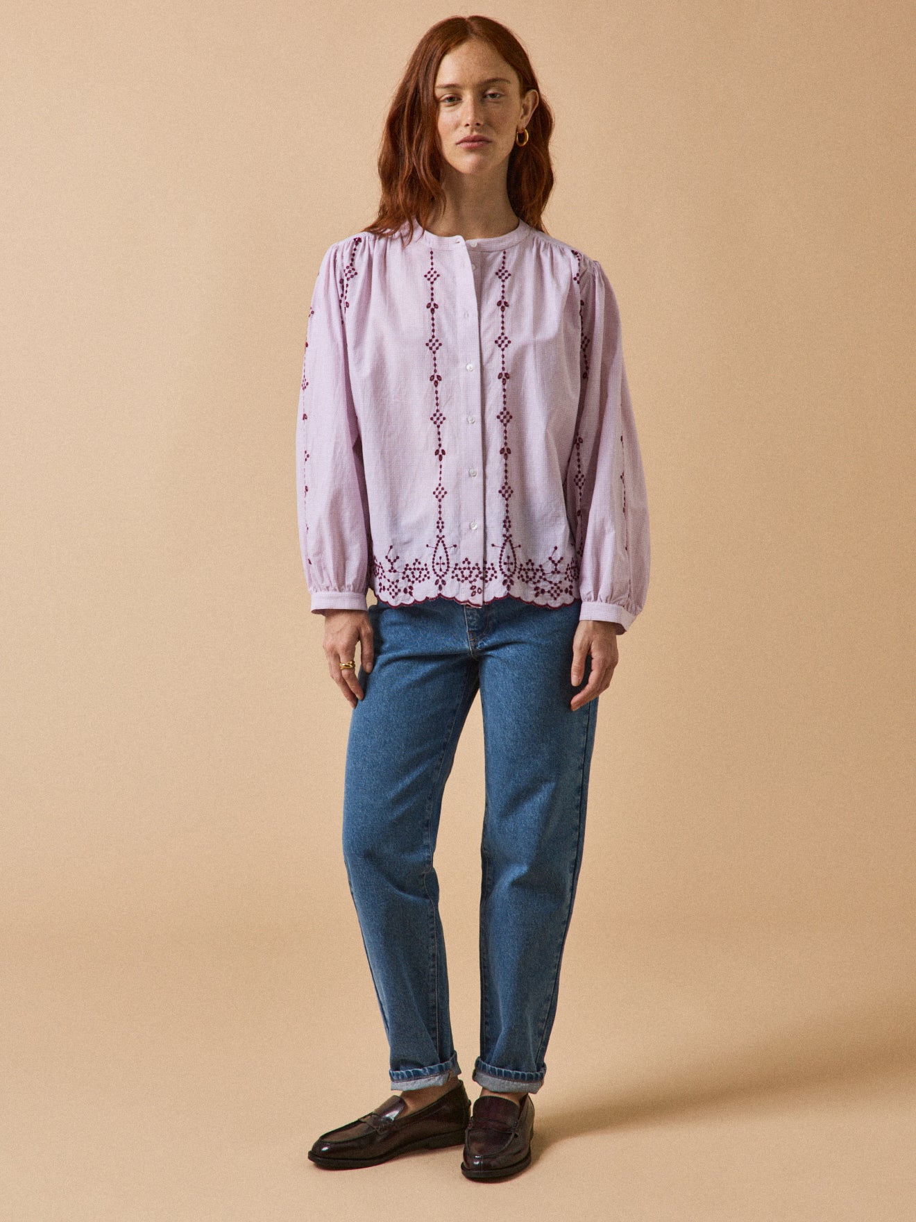 Blouse brodée contrastée coton femme