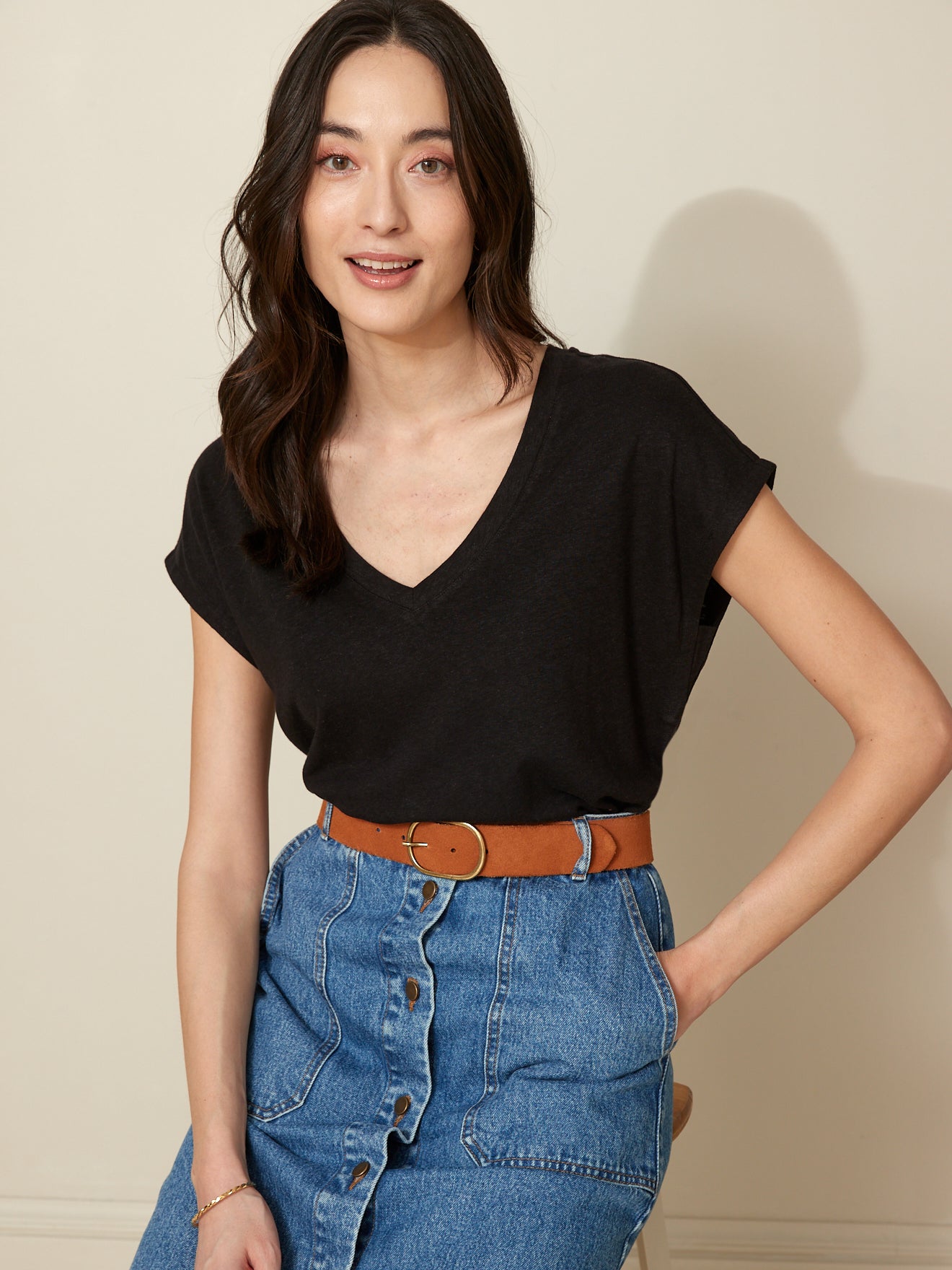 Damesshirt met V-hals in viscose en linnen
