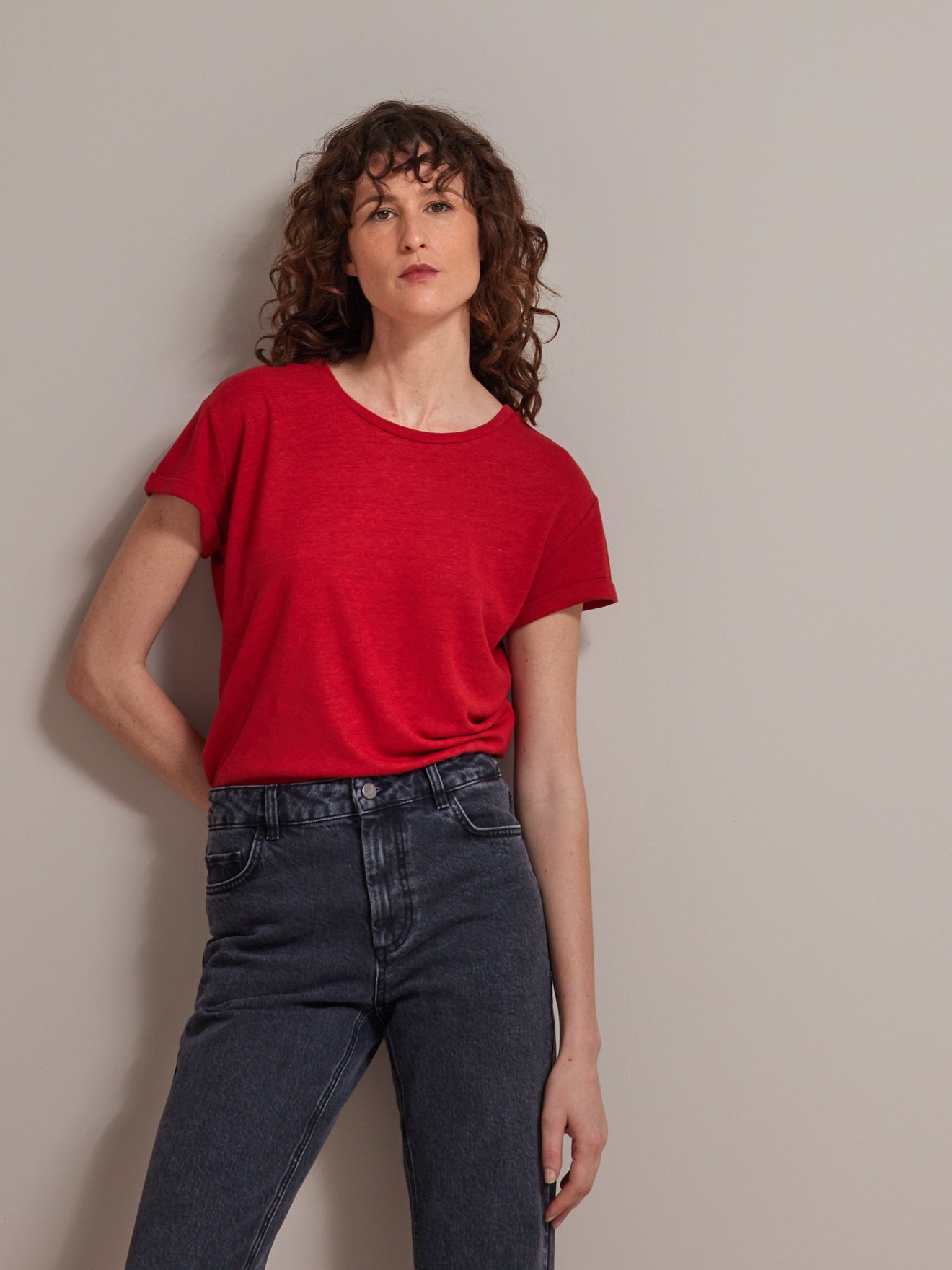 Damesshirt met ronde hals in linnen en viscose