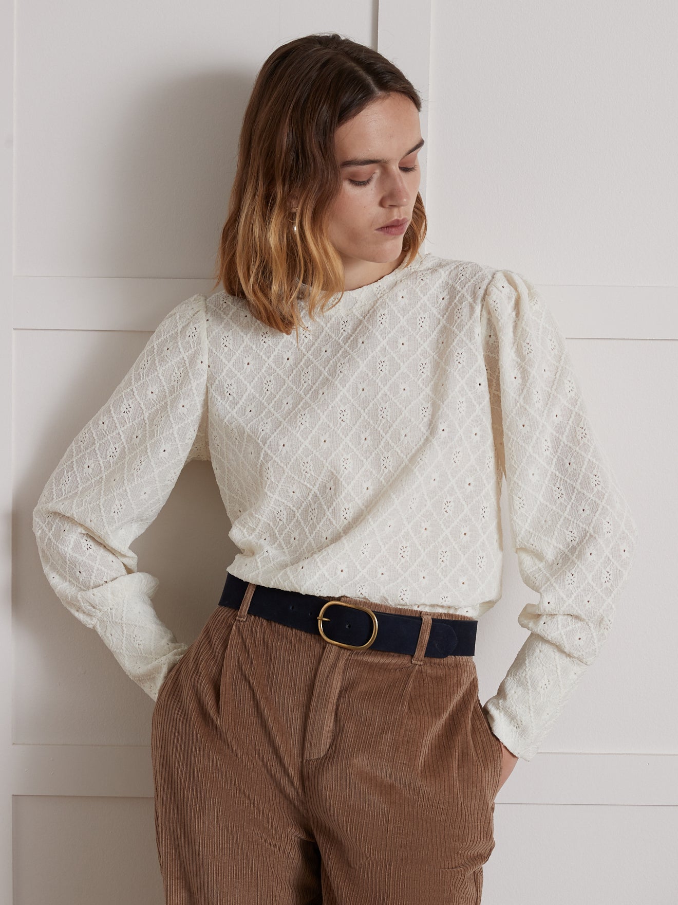 Damesshirt met jacquard en bolstaande mouwen