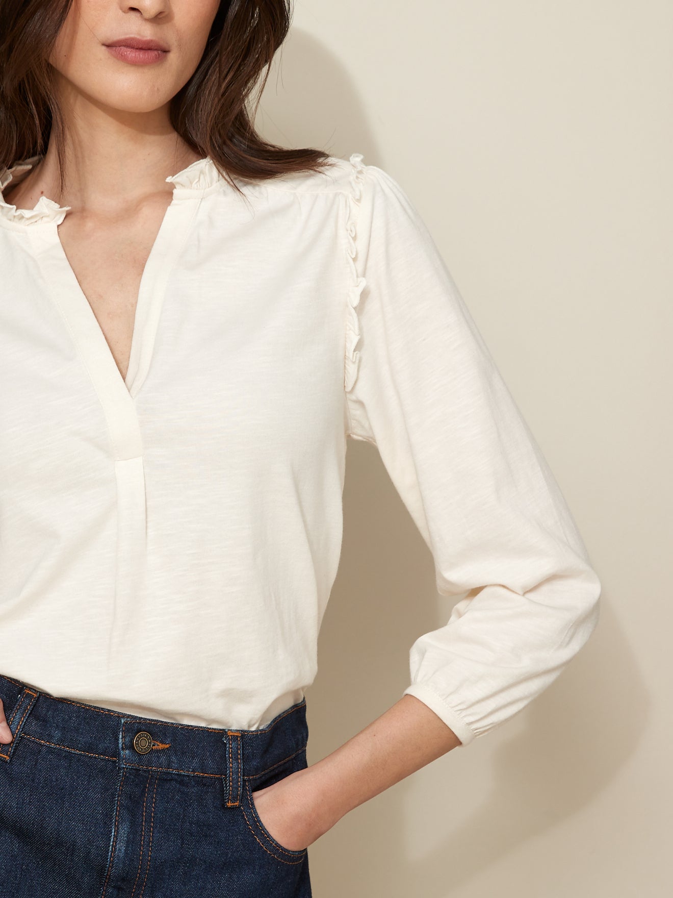 T-shirt volanté manches 3/4 femme - coton biologique