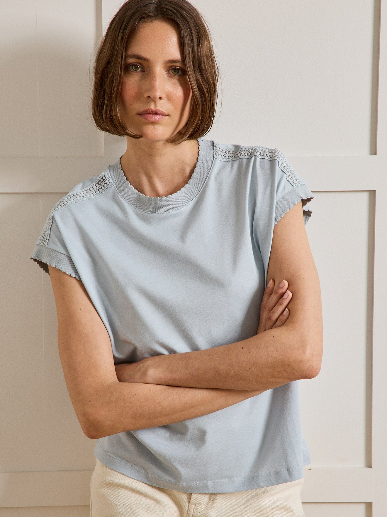 T-shirt dentelle sans manches coton et modal