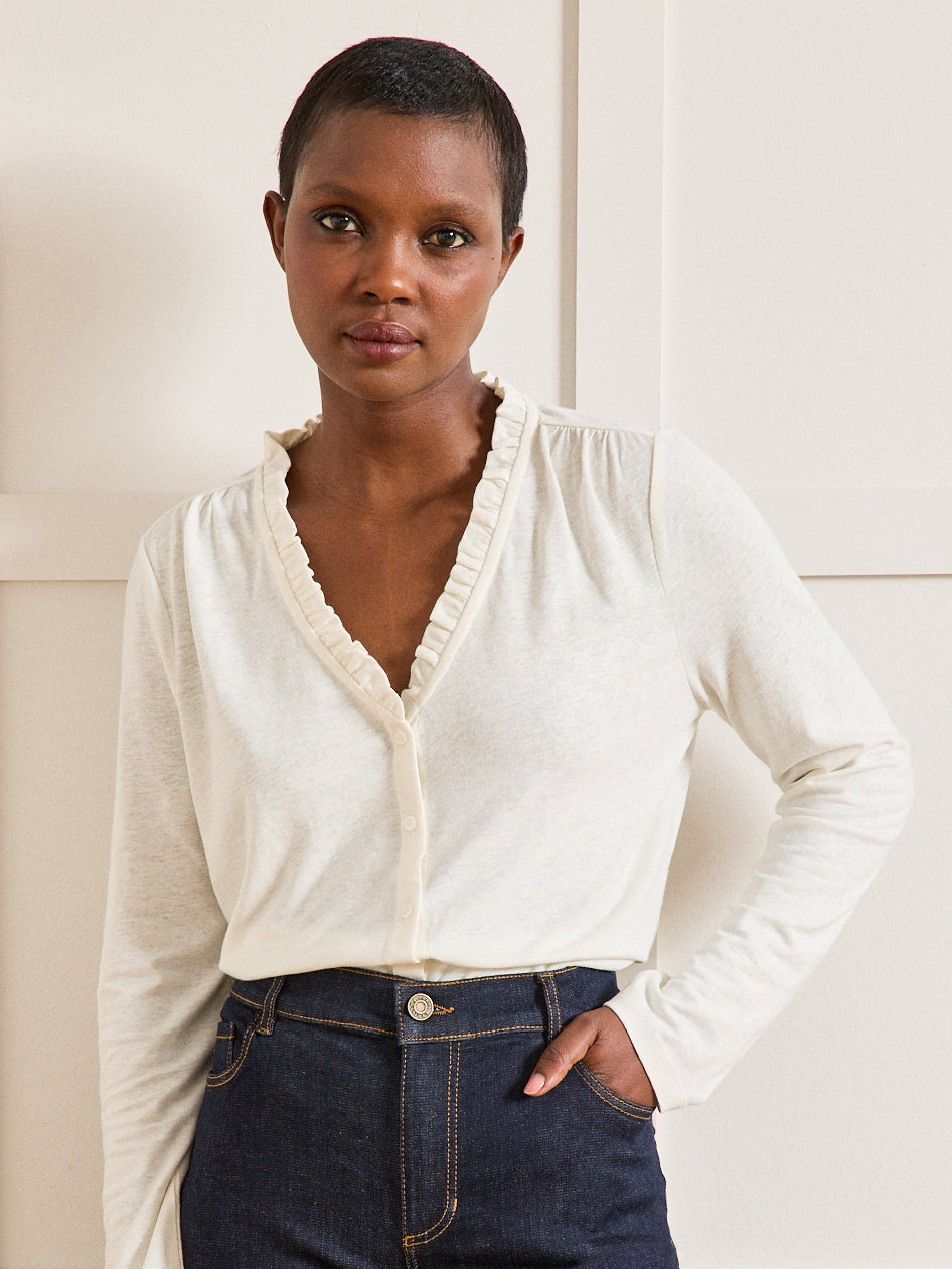 Damesshirt met V-hals en knoopsluiting - linnen en viscose
