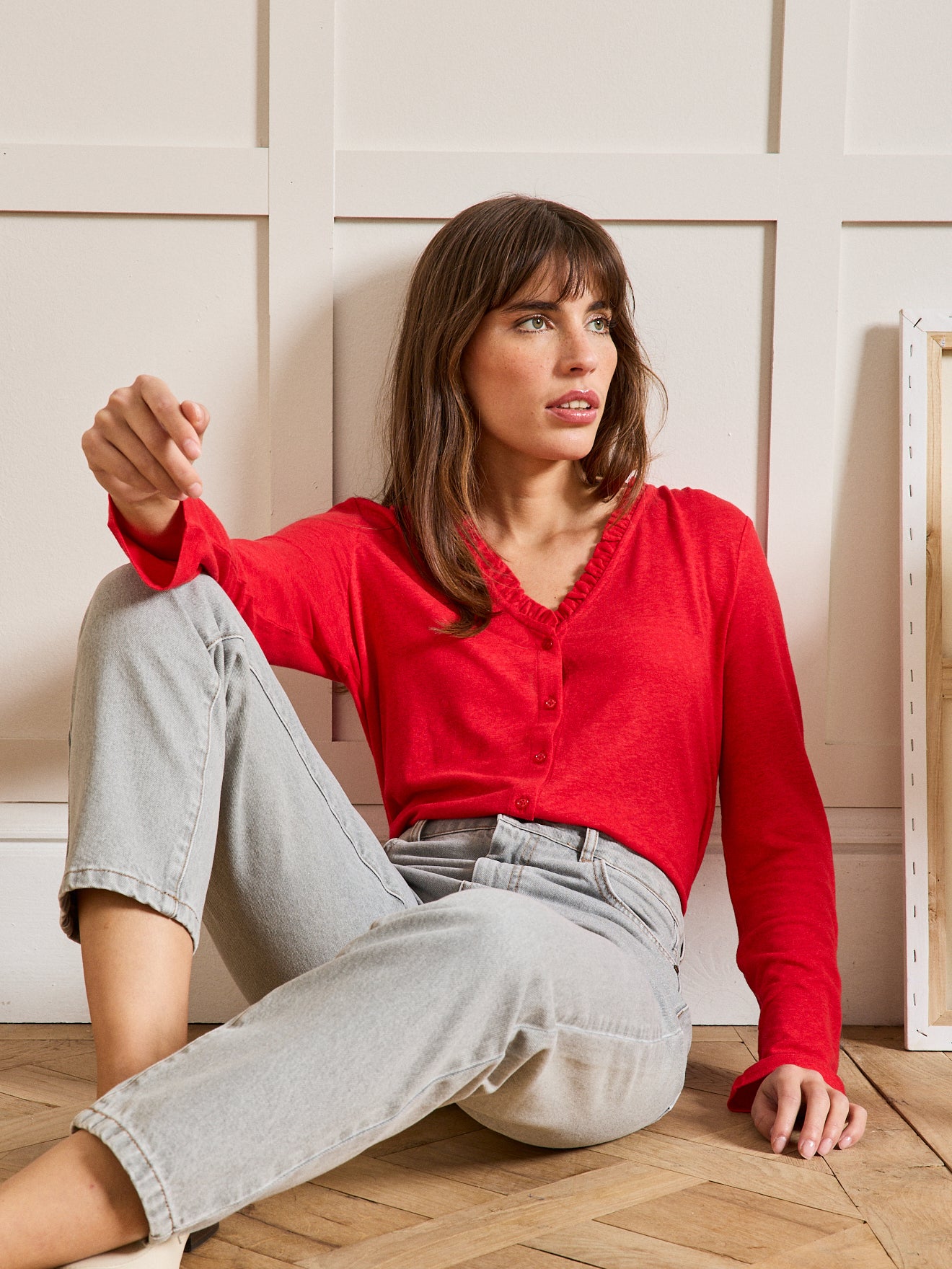 Damesshirt met V-hals en knoopsluiting - linnen en viscose
