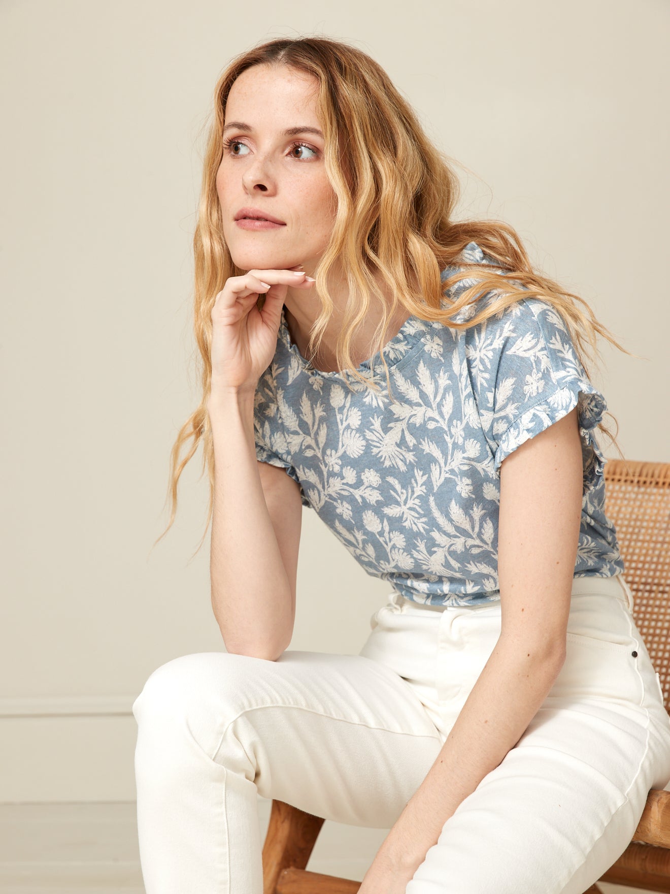 Linnen damesshirt met strookjes en Scarlette-print