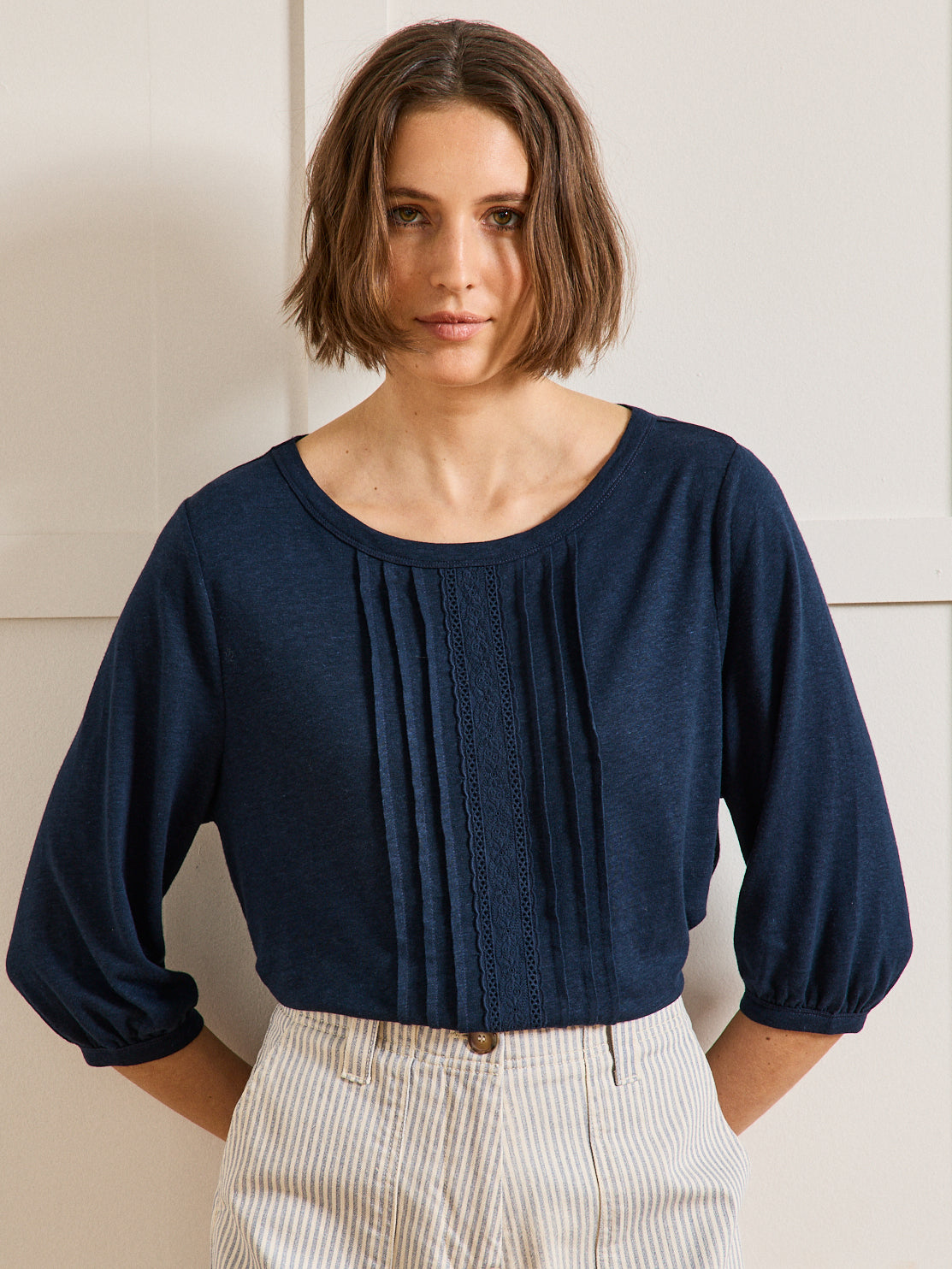 Damesshirt in linnen en viscose met kant