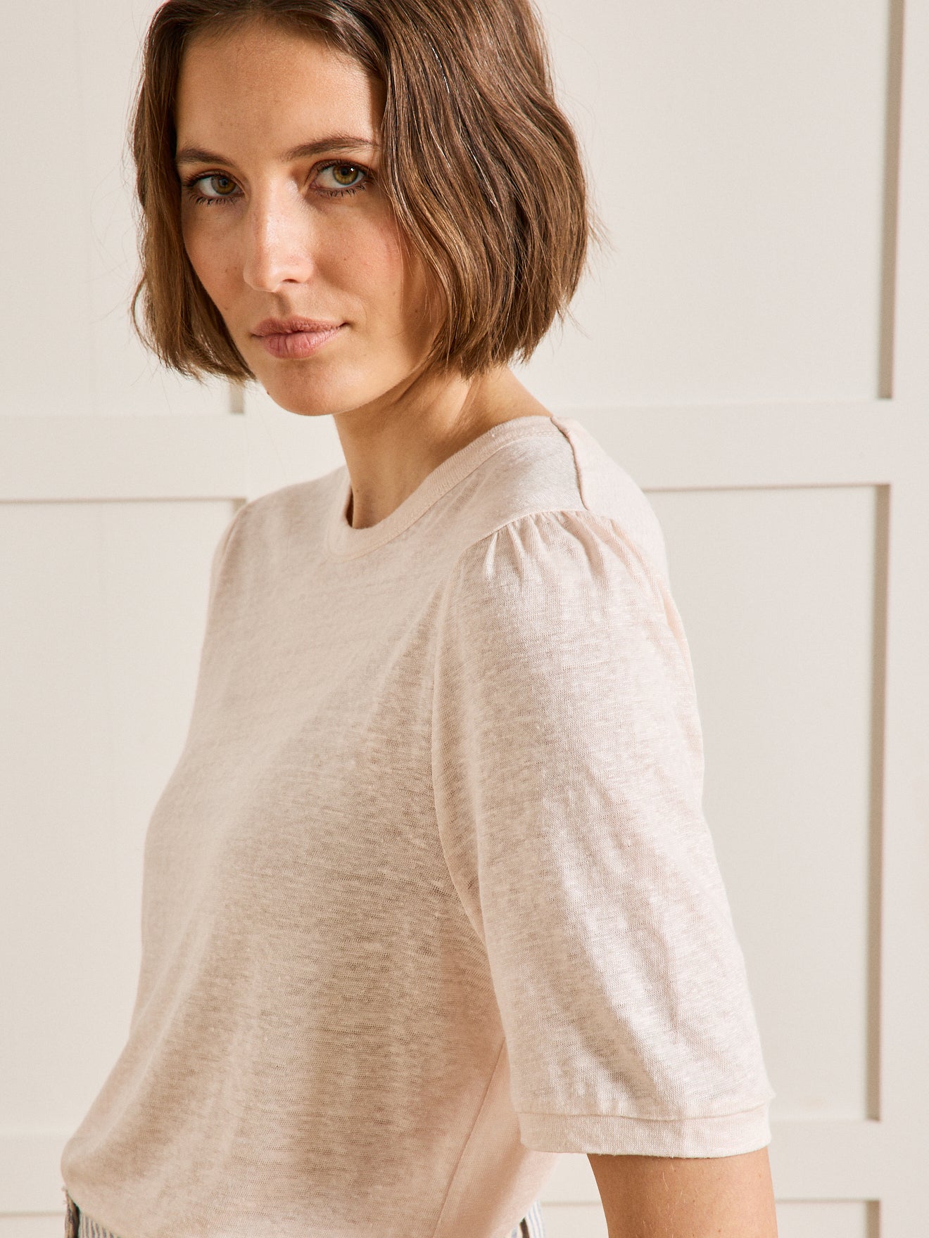 T-shirt col rond manches ballon femme en lin