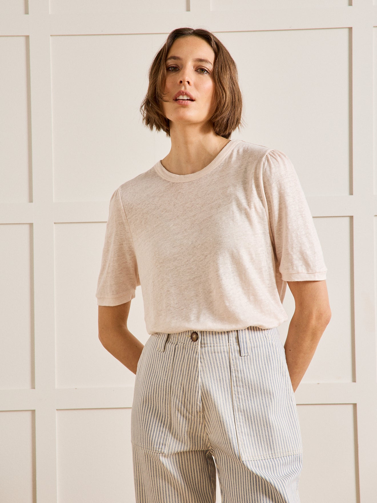 T-shirt col rond manches ballon femme en lin