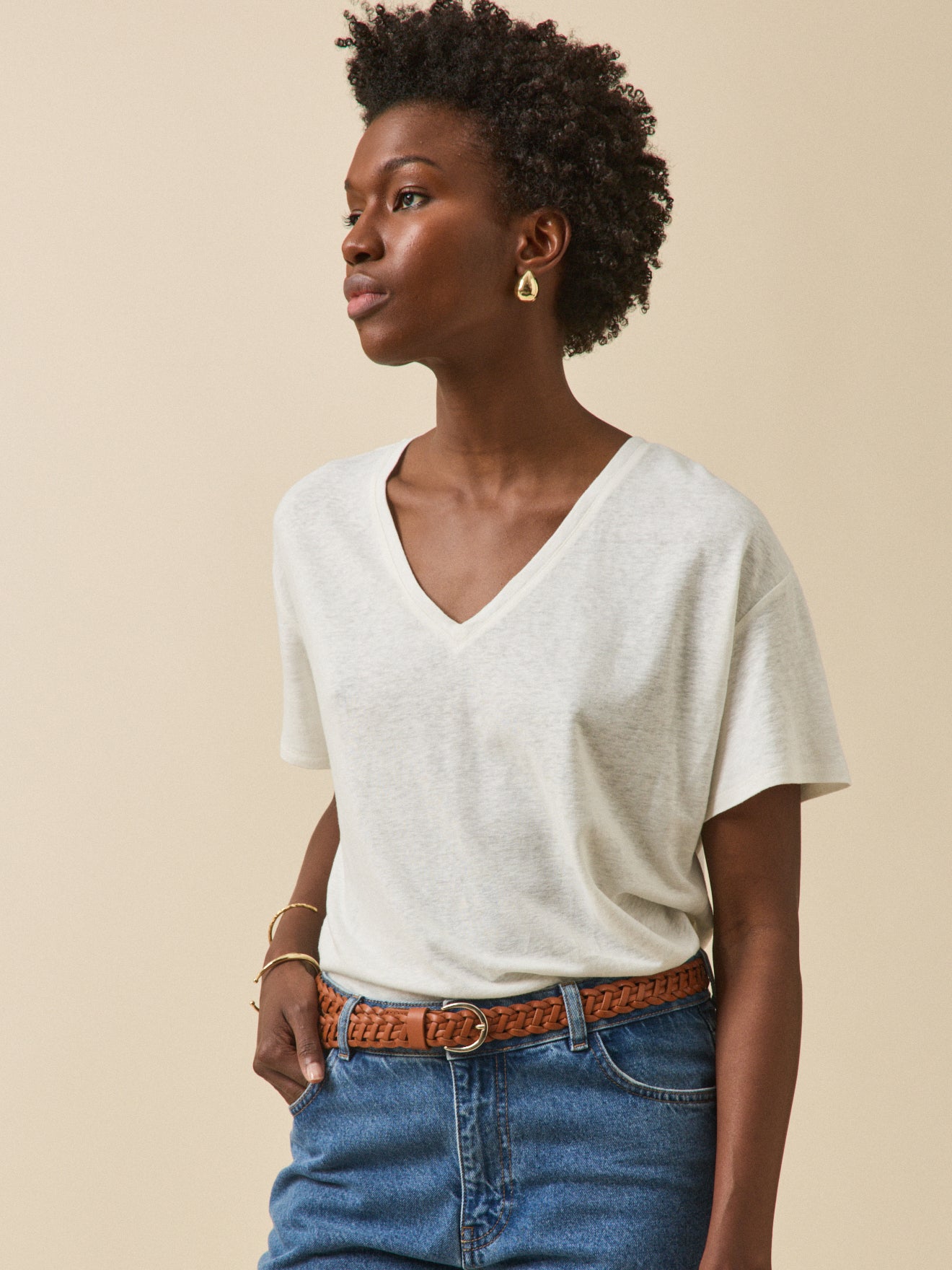 Damesshirt met V-hals - linnen en viscose