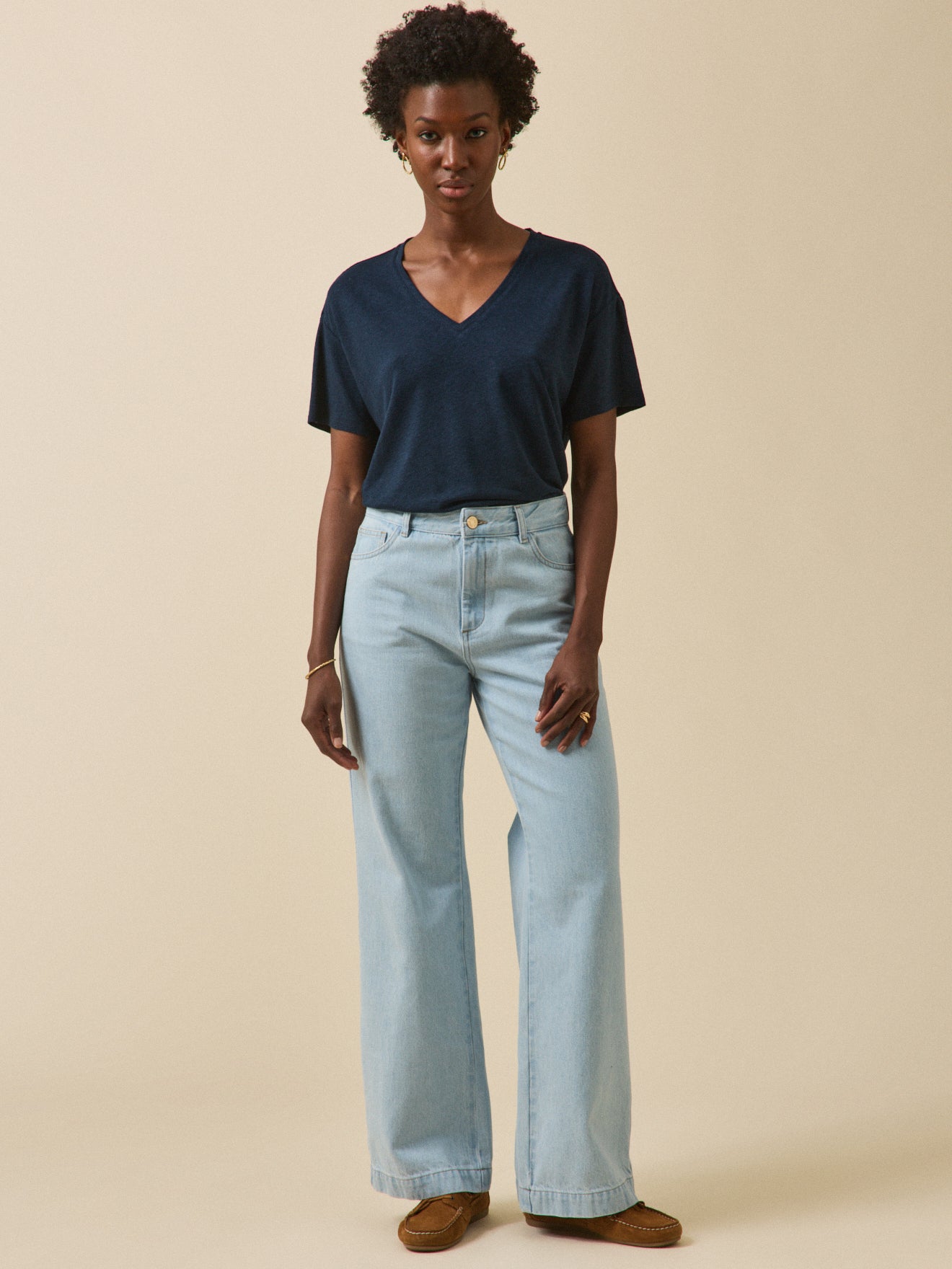 T-shirt col V femme lin et viscose