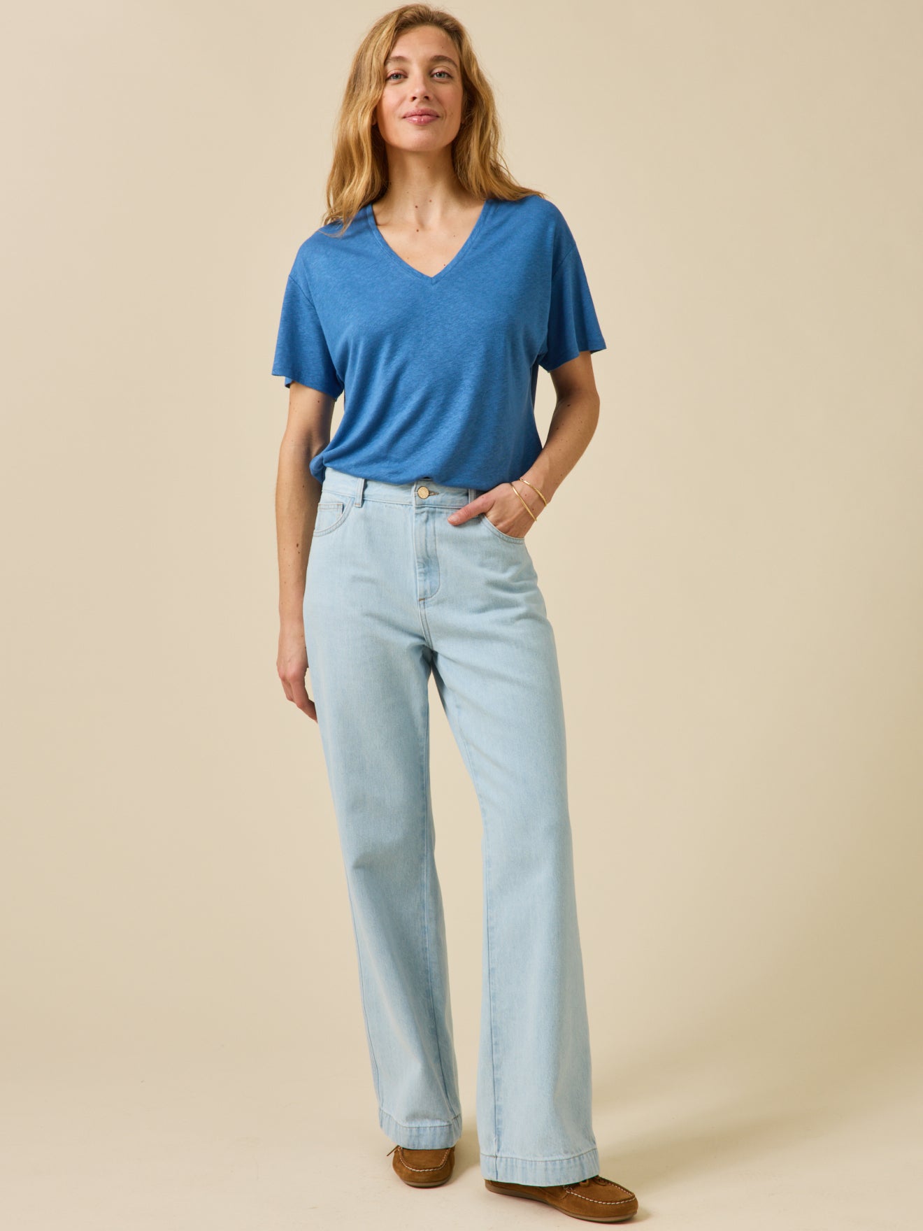 Damesshirt met V-hals - linnen en viscose
